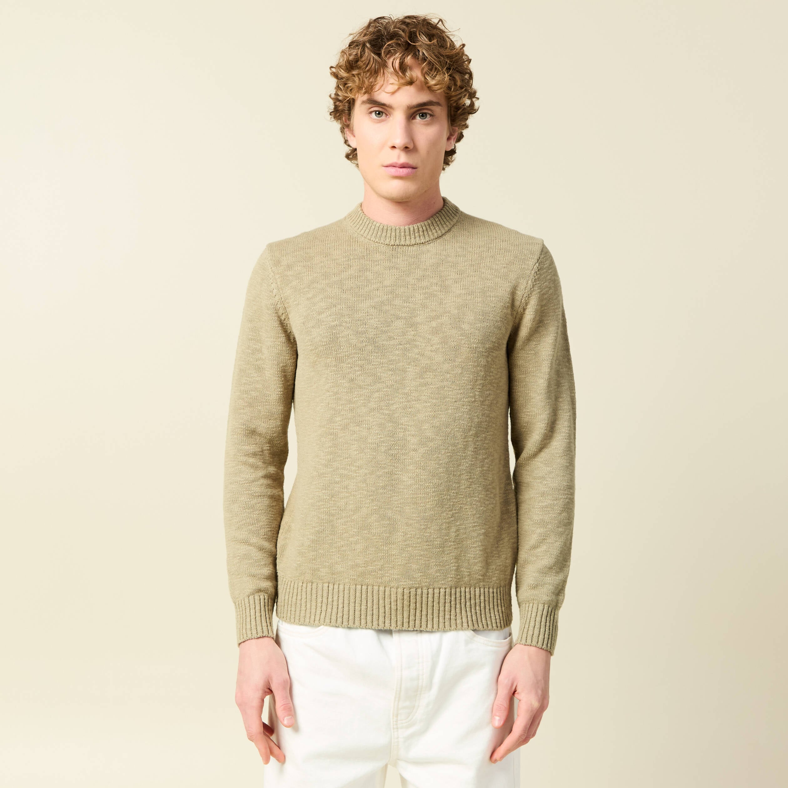 Pull col rond manches longues en coton beige fonce homme