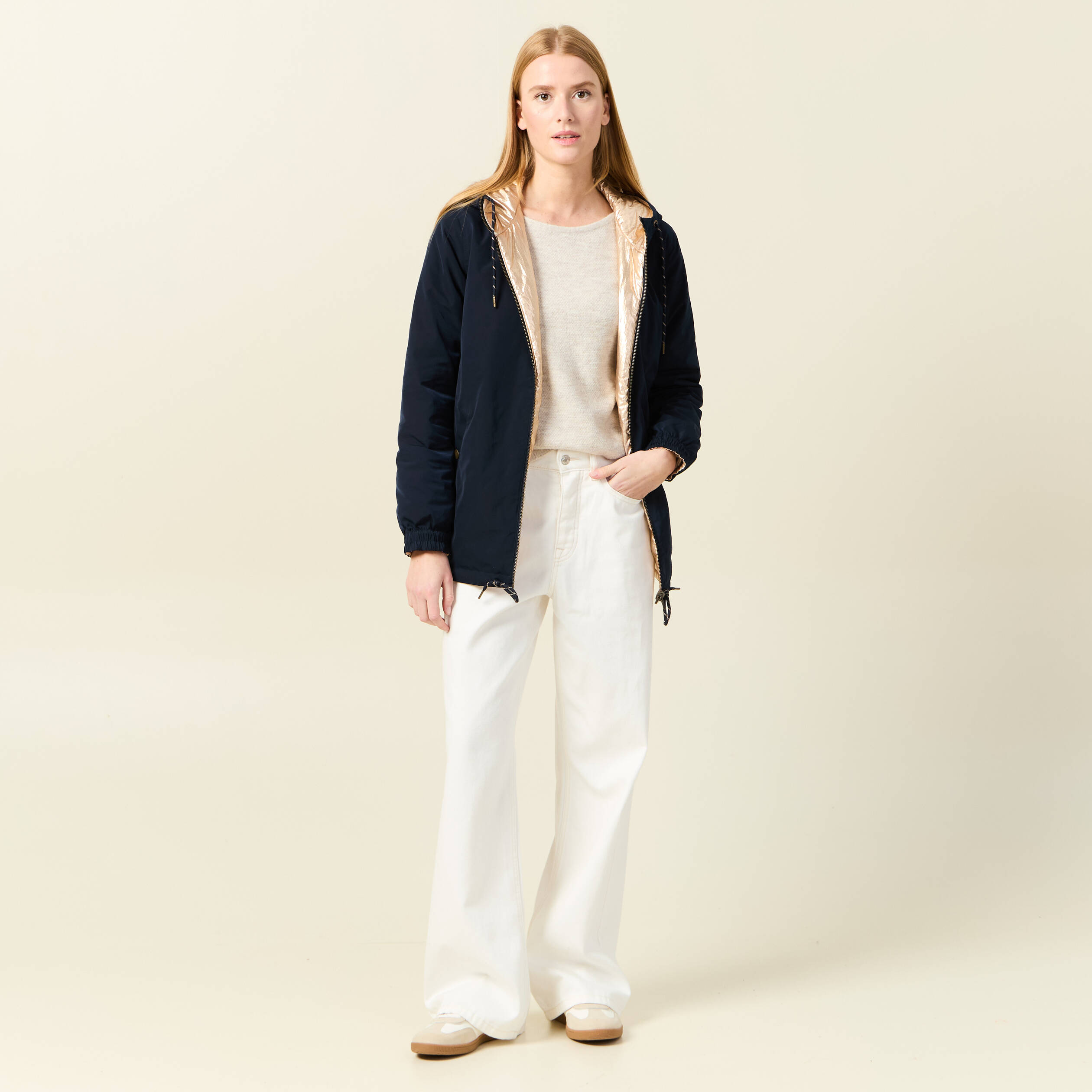 Parka r&eacute;versible &agrave; capuche bleu marine femme