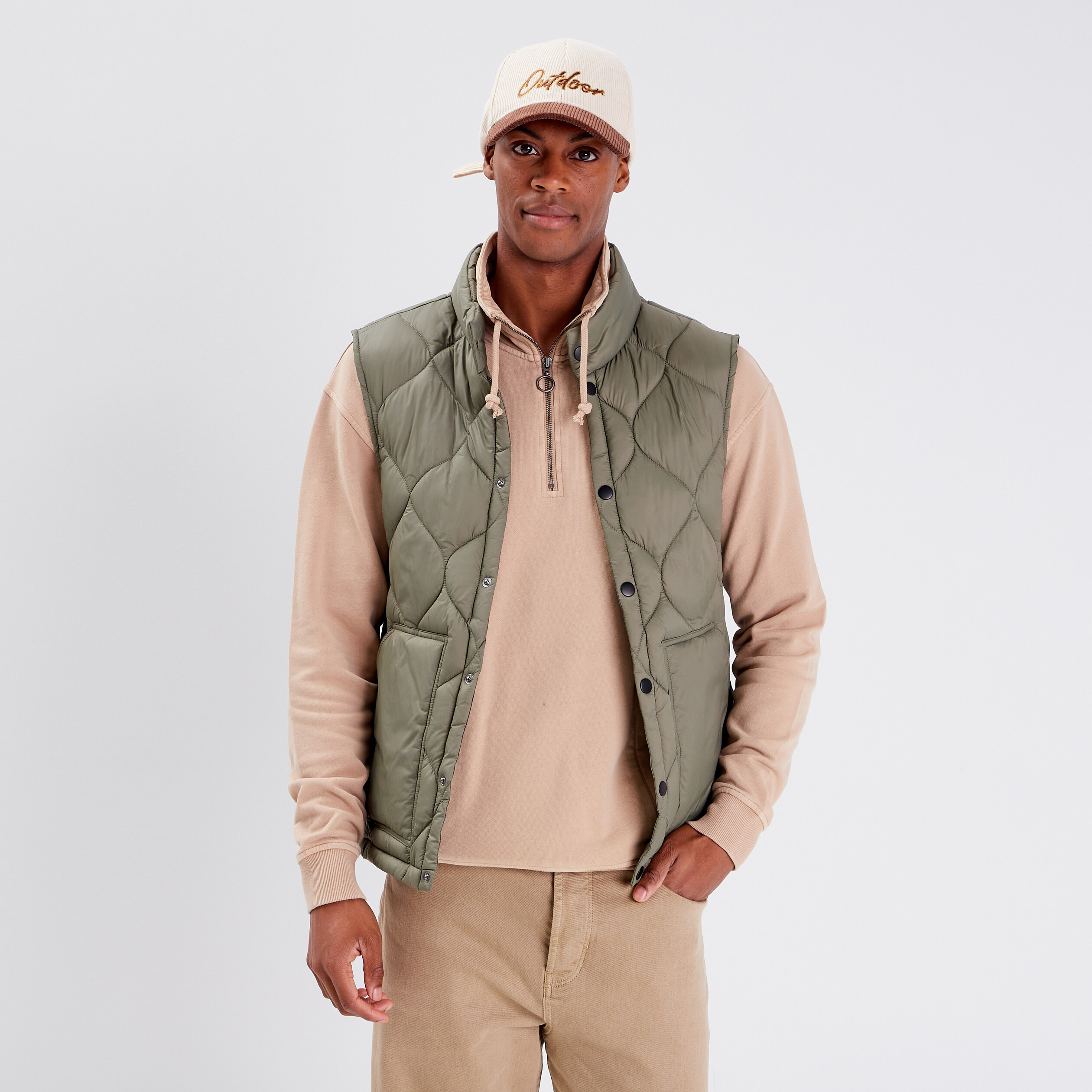 Doudoune droite sans manches vert kaki homme