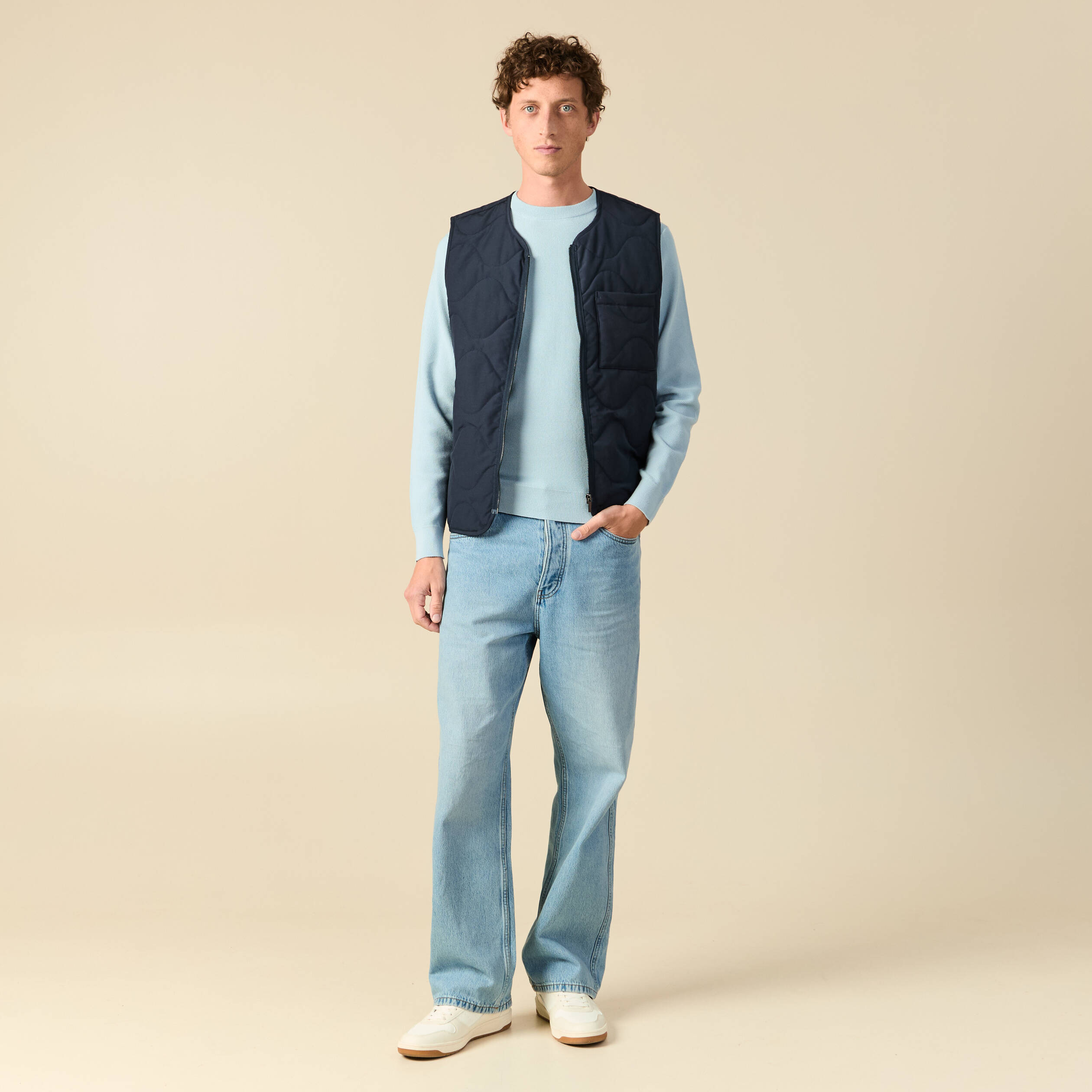 Pull fin col rond manches longues bleu ciel homme