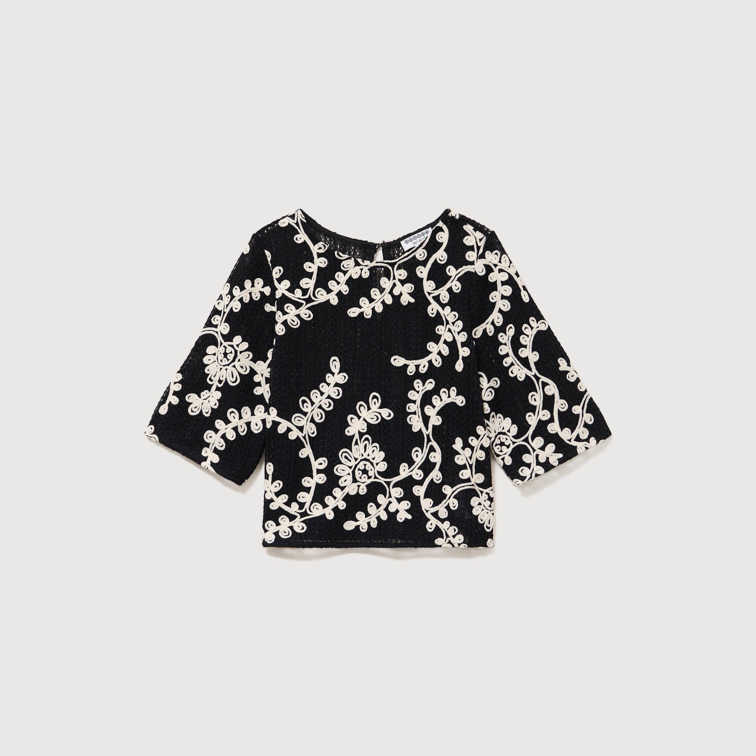 T-shirt brod&eacute; col rond manches 3/4 noir femme