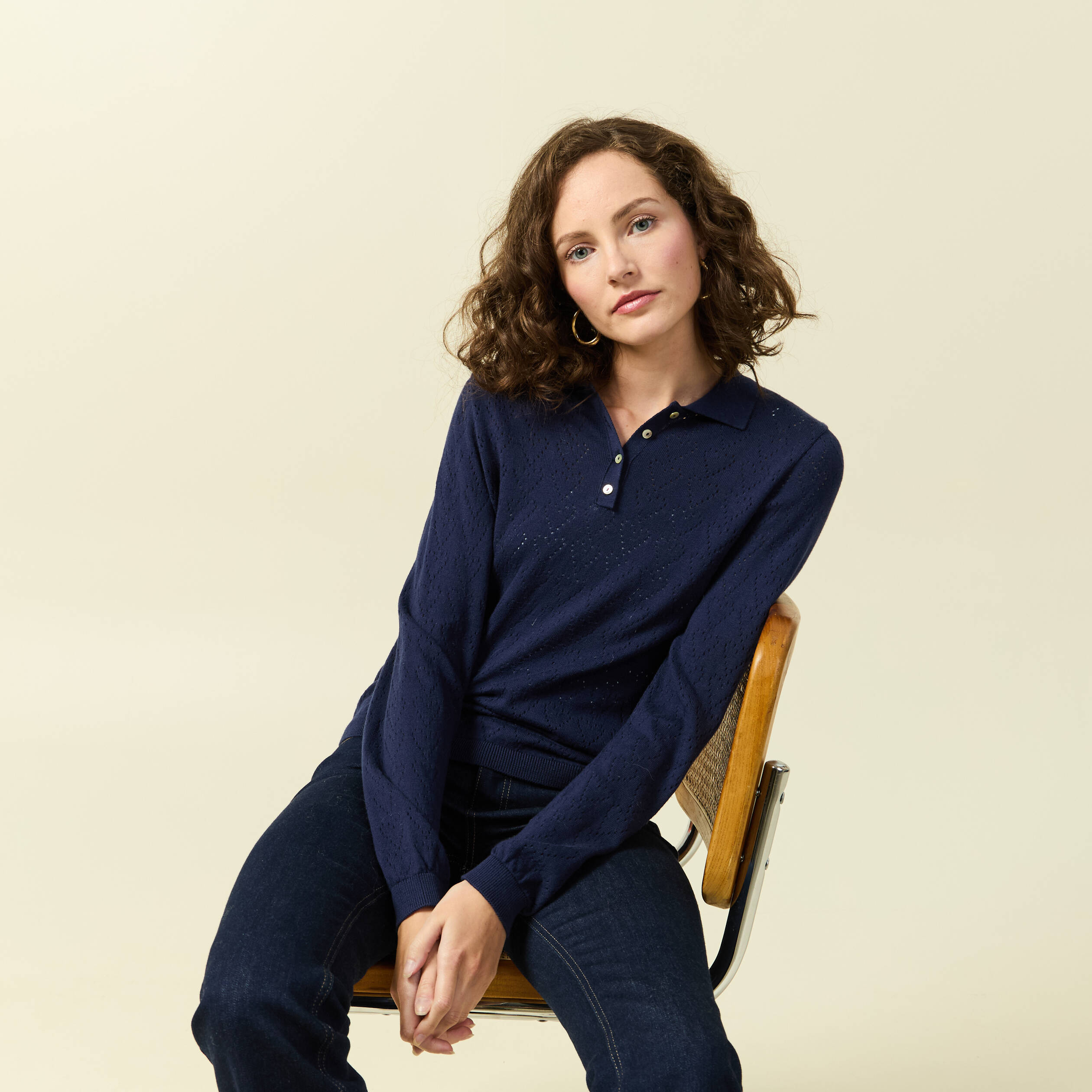 Pull ajour&eacute; manches longues en coton bleu marine femme