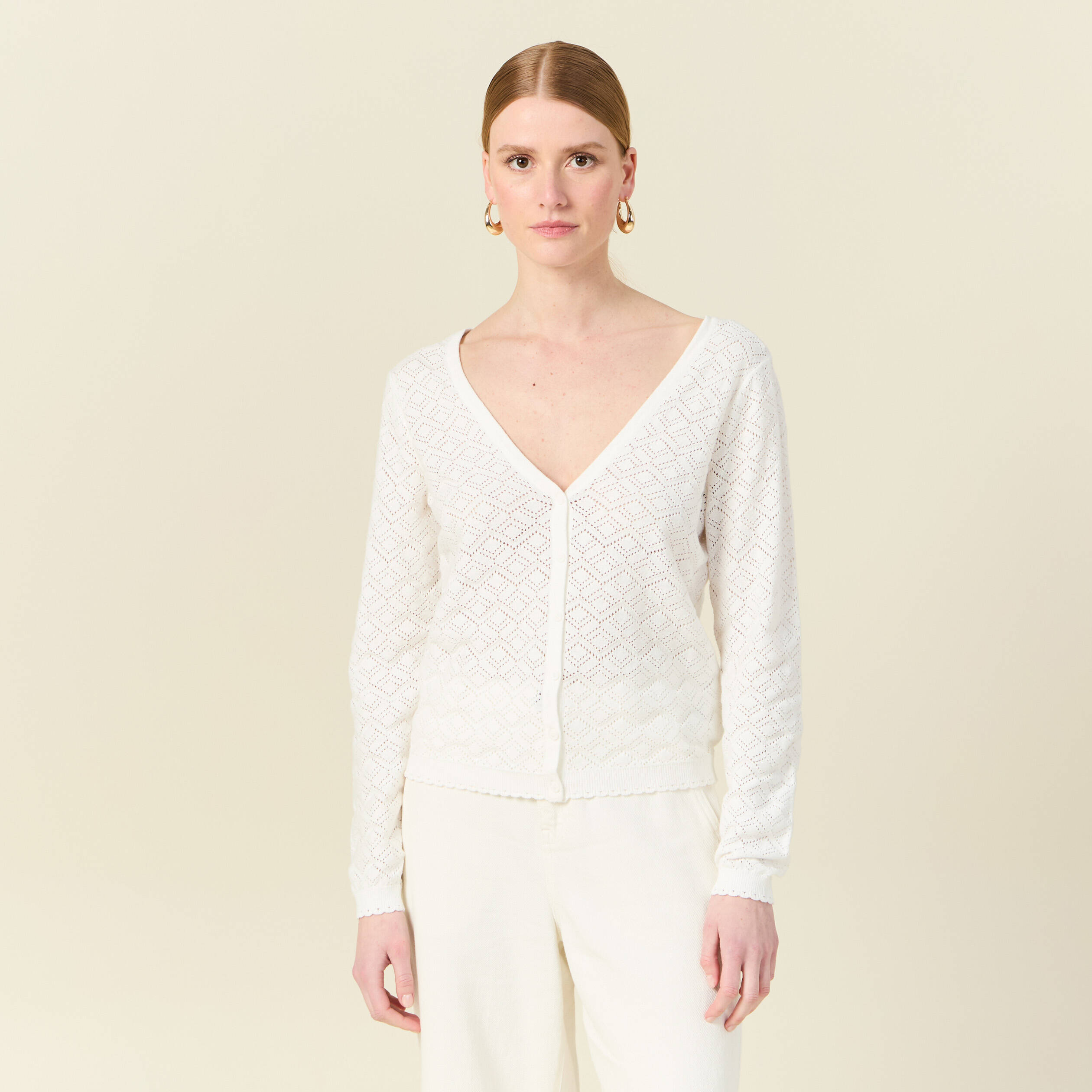 gilet manches longues ajoure ecru femme Gilet manches longues ajouré ecru femme