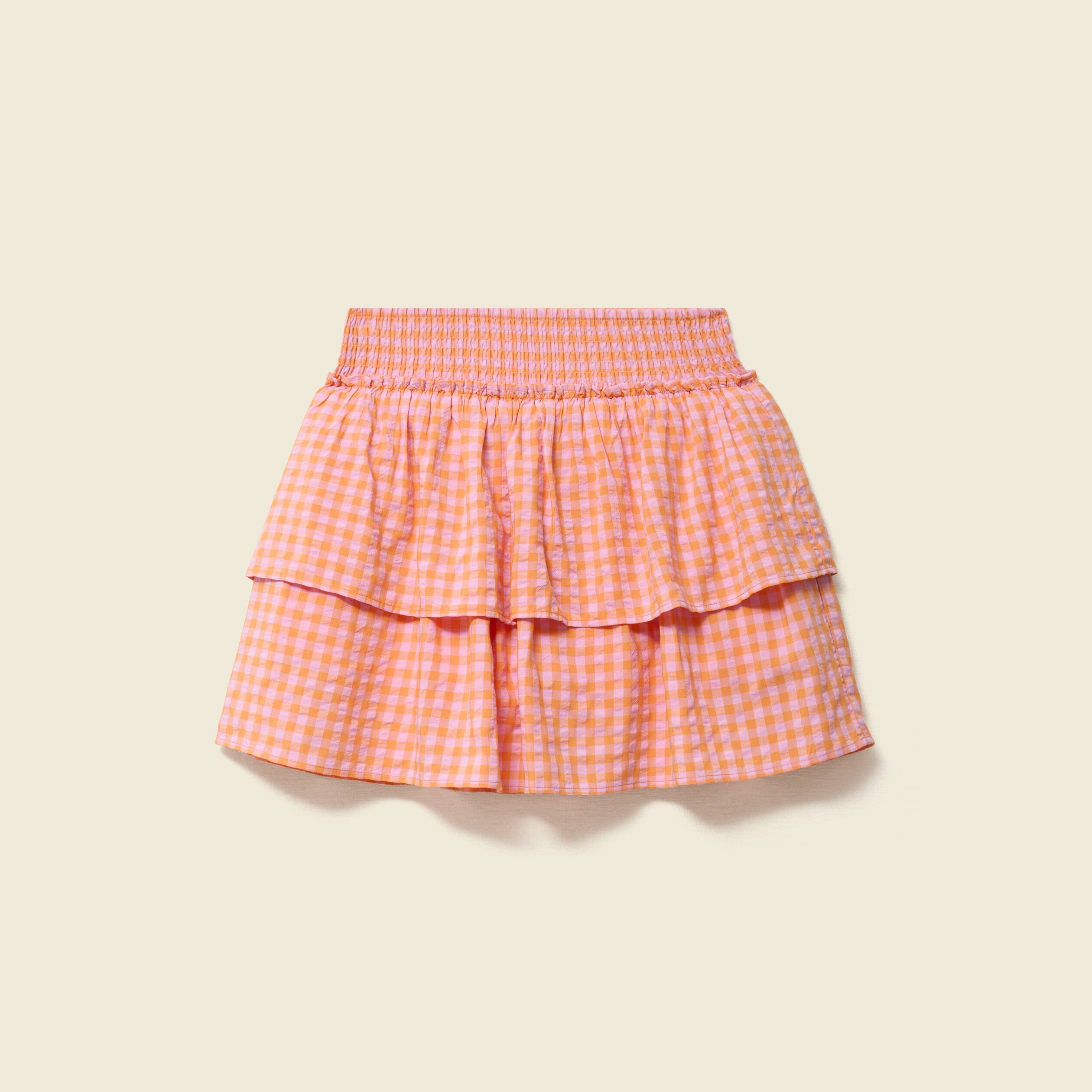 Jupe fluide &agrave; carreaux doubl&eacute;e orange abricot femme