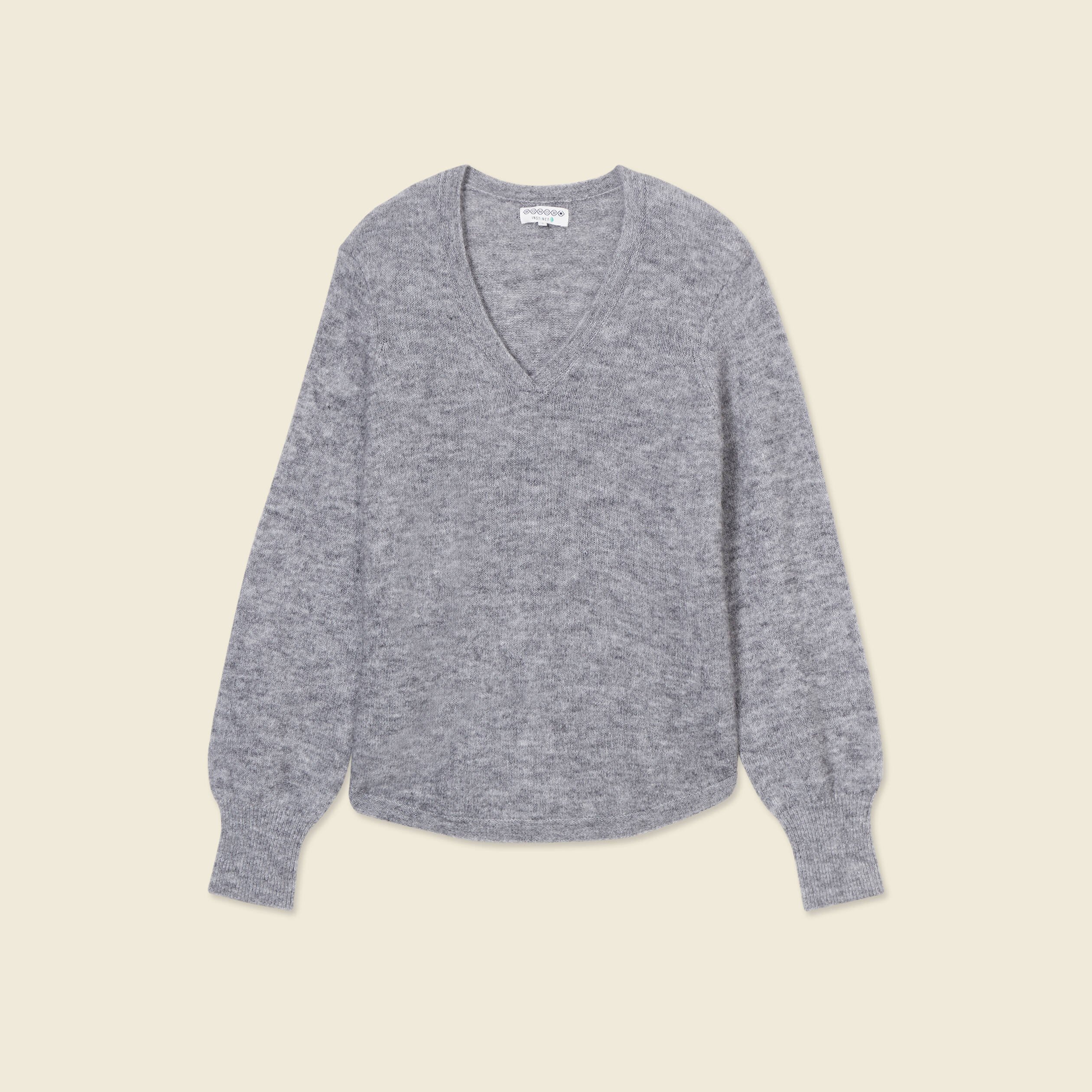 Pull manches longues col en V gris clair femme