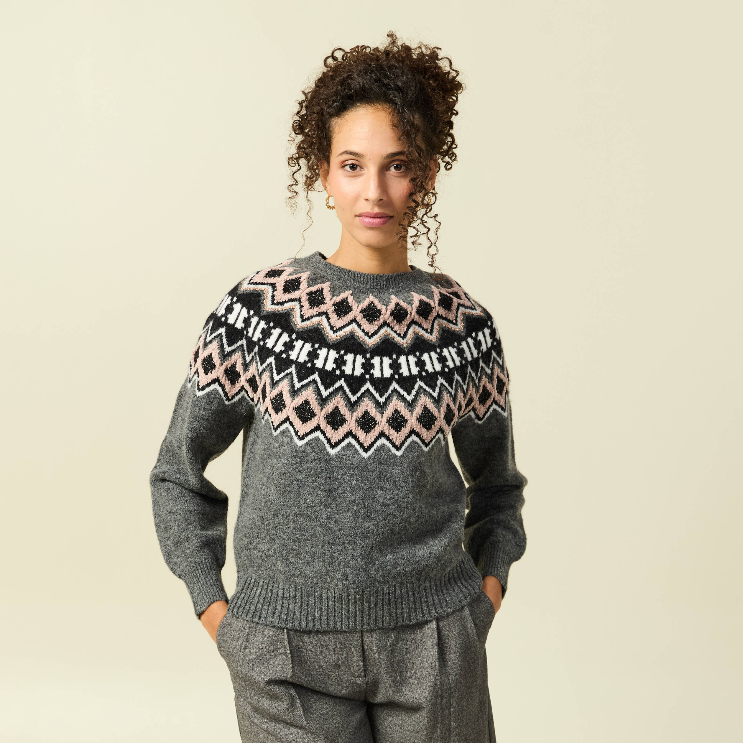Pull col rond manches longues gris clair femme