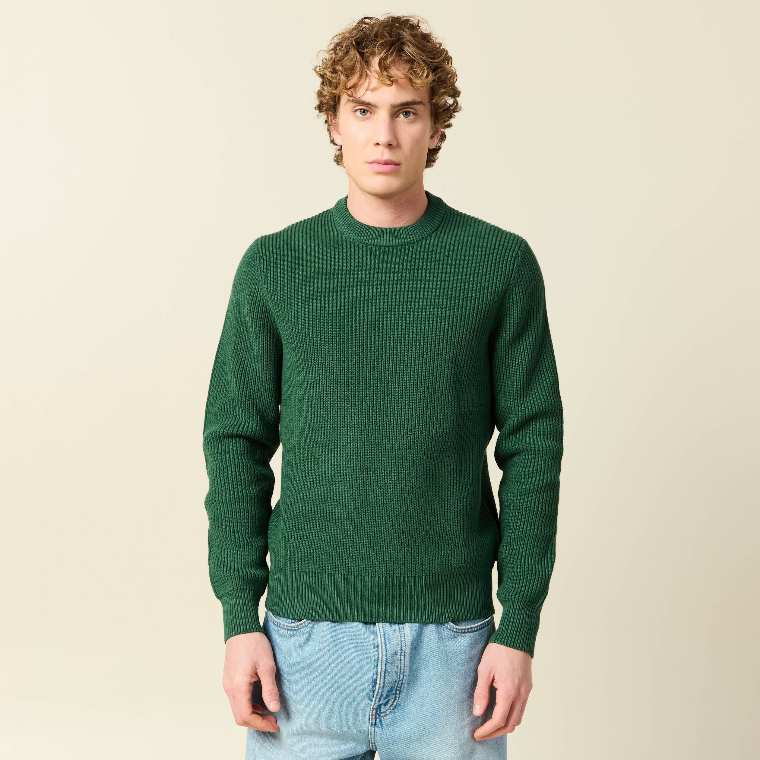 Pull fin manches longues col rond vert homme