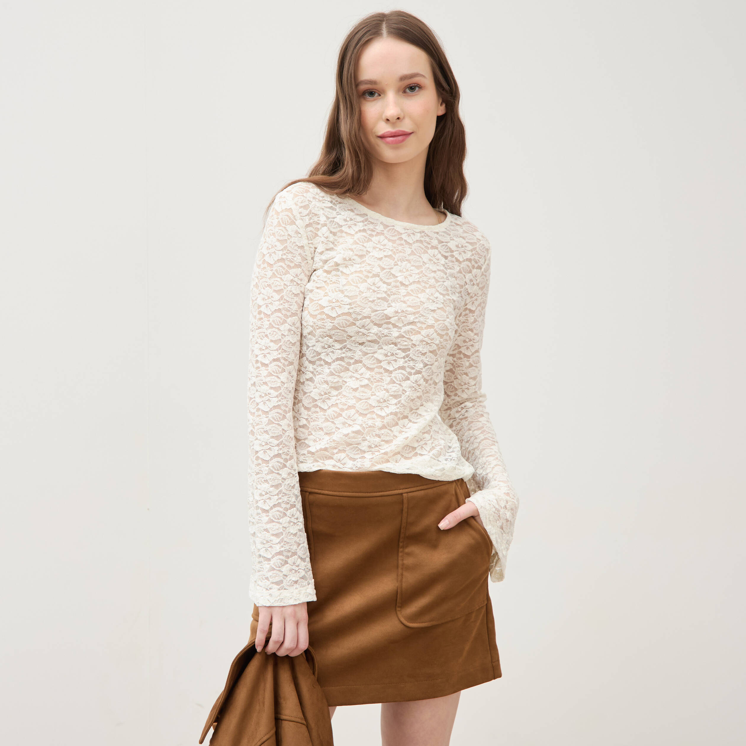 Blouse manches longues dentelle col rond ecru femme