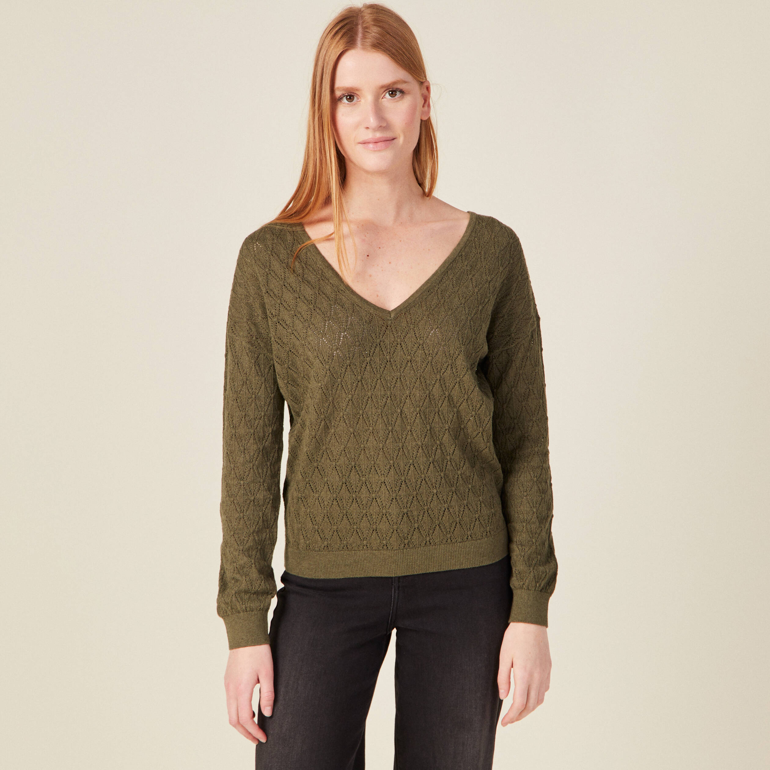 Pull fin à manches longues vert kaki femme