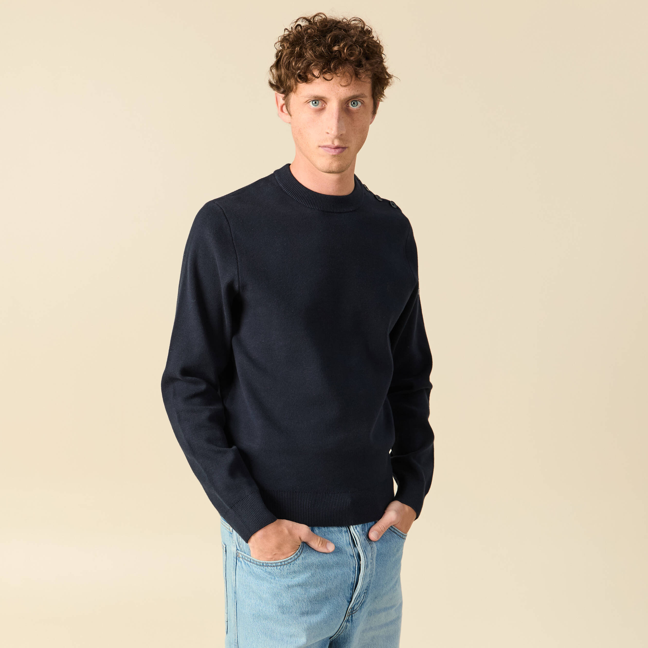 Pull fin manches longues col rond bleu marine homme