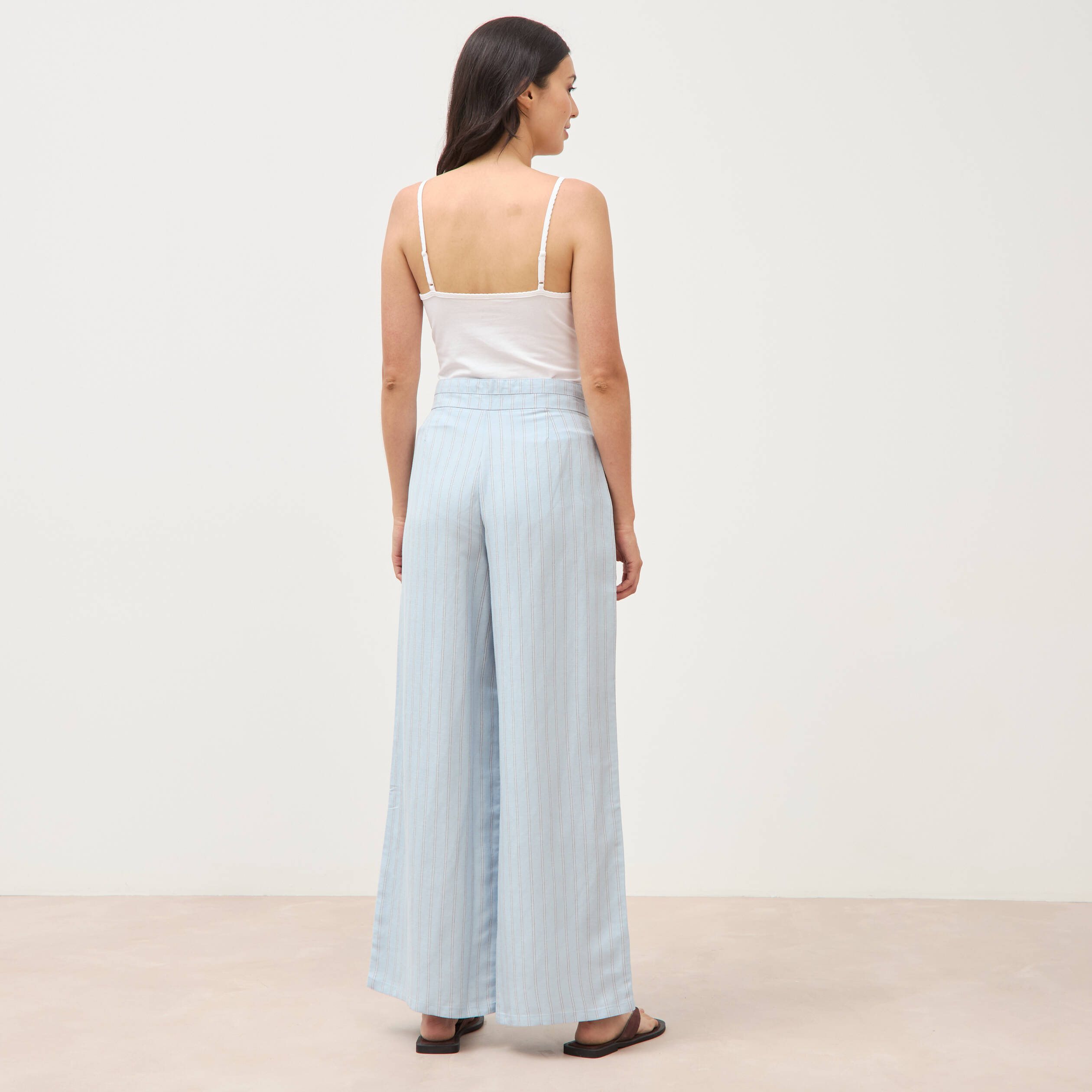 Pantalon large taille haute ceinture bleu ciel femme