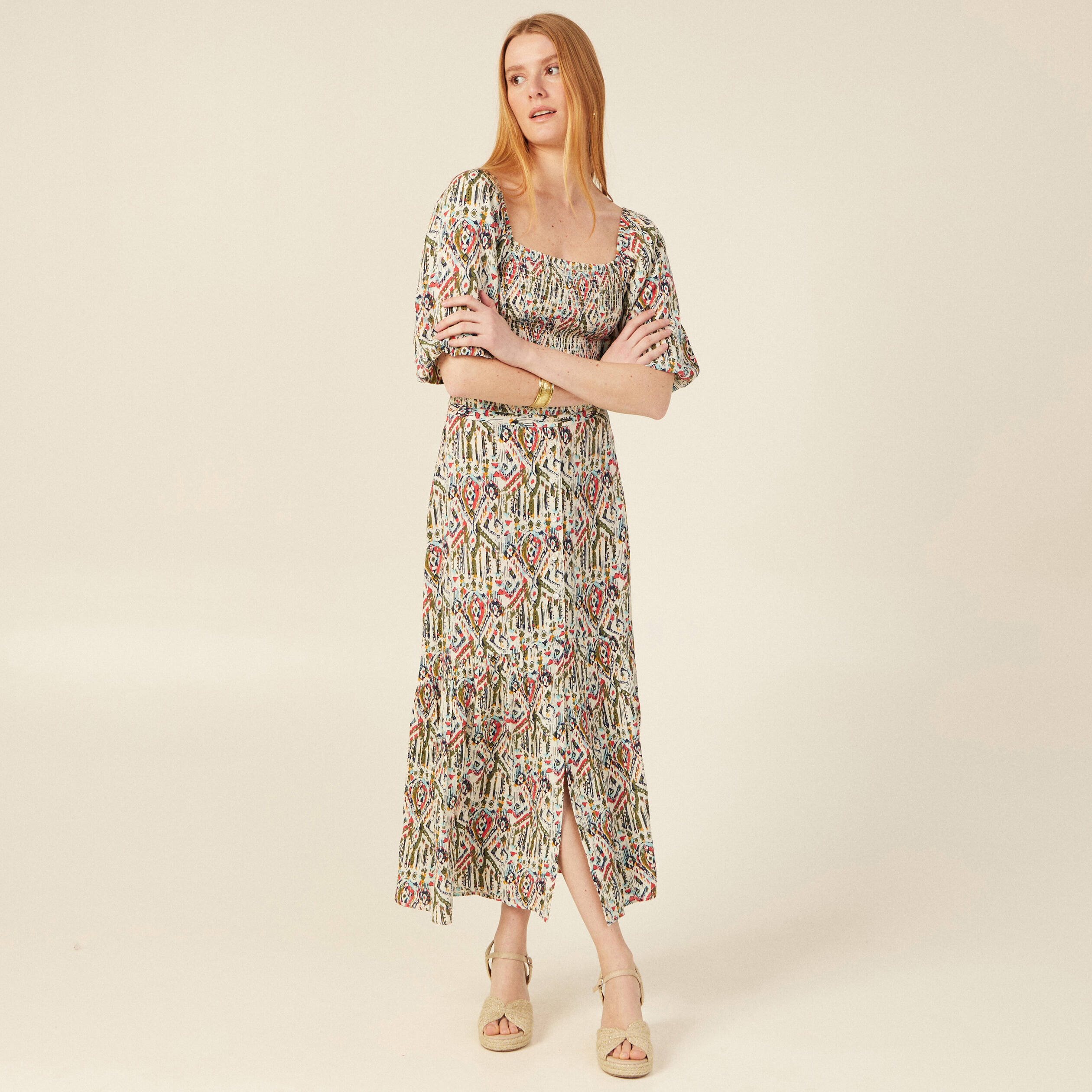 blouse manches courtes smockee multicolore femme Blouse manches courtes smockée multicolore femme