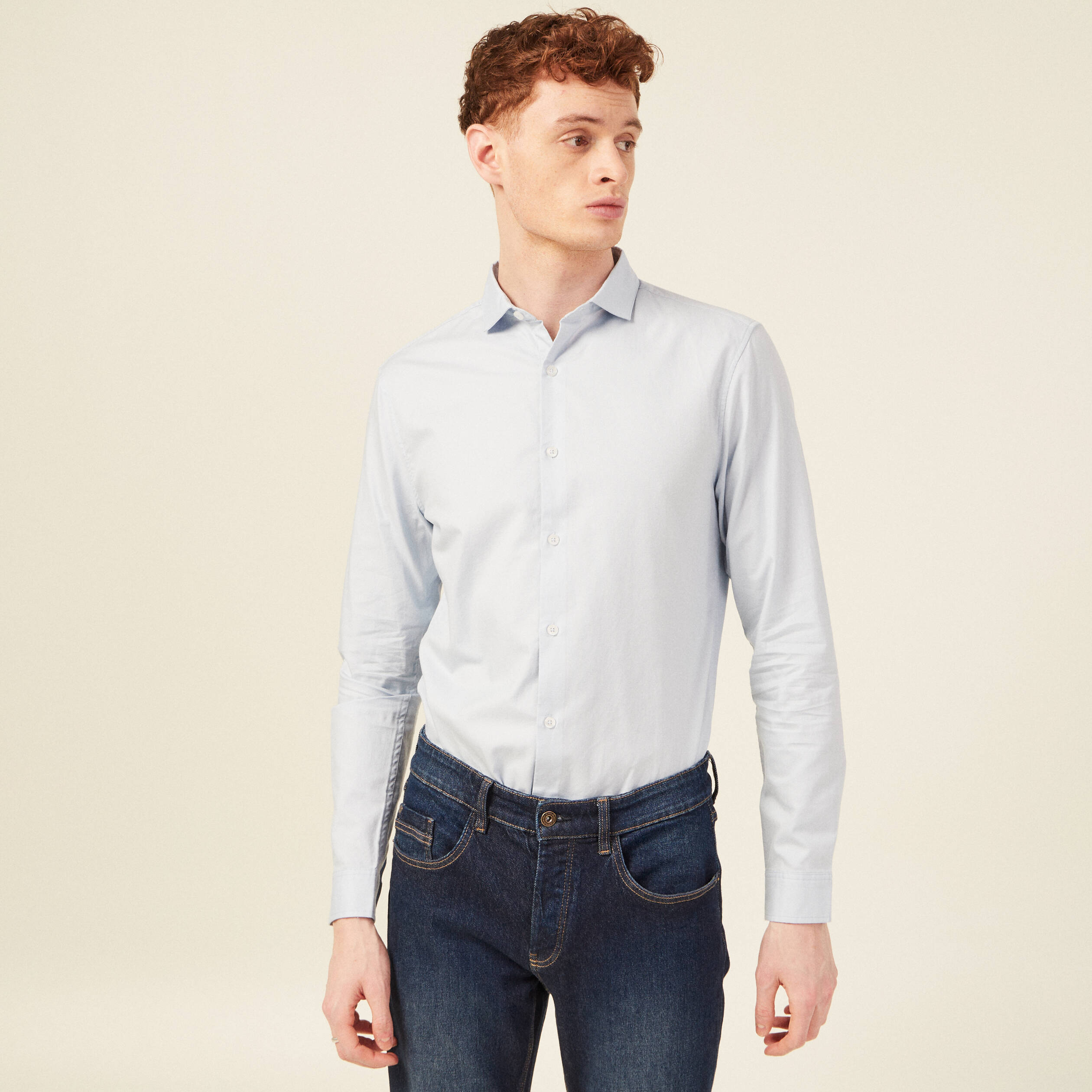 Col cintr&eacute; en coton manches longues bleu ciel homme