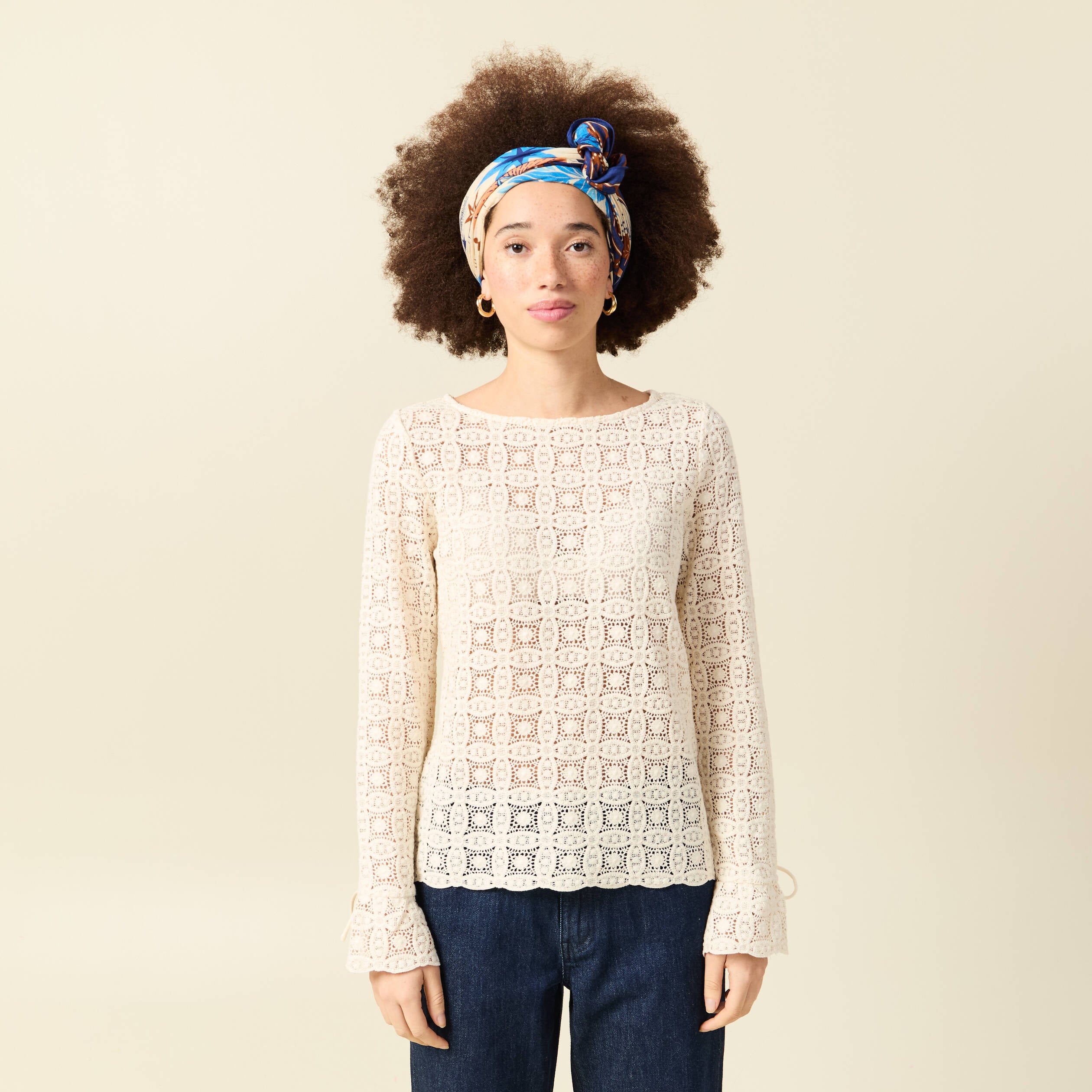 T-shirt manches longues en dentelle ecru femme