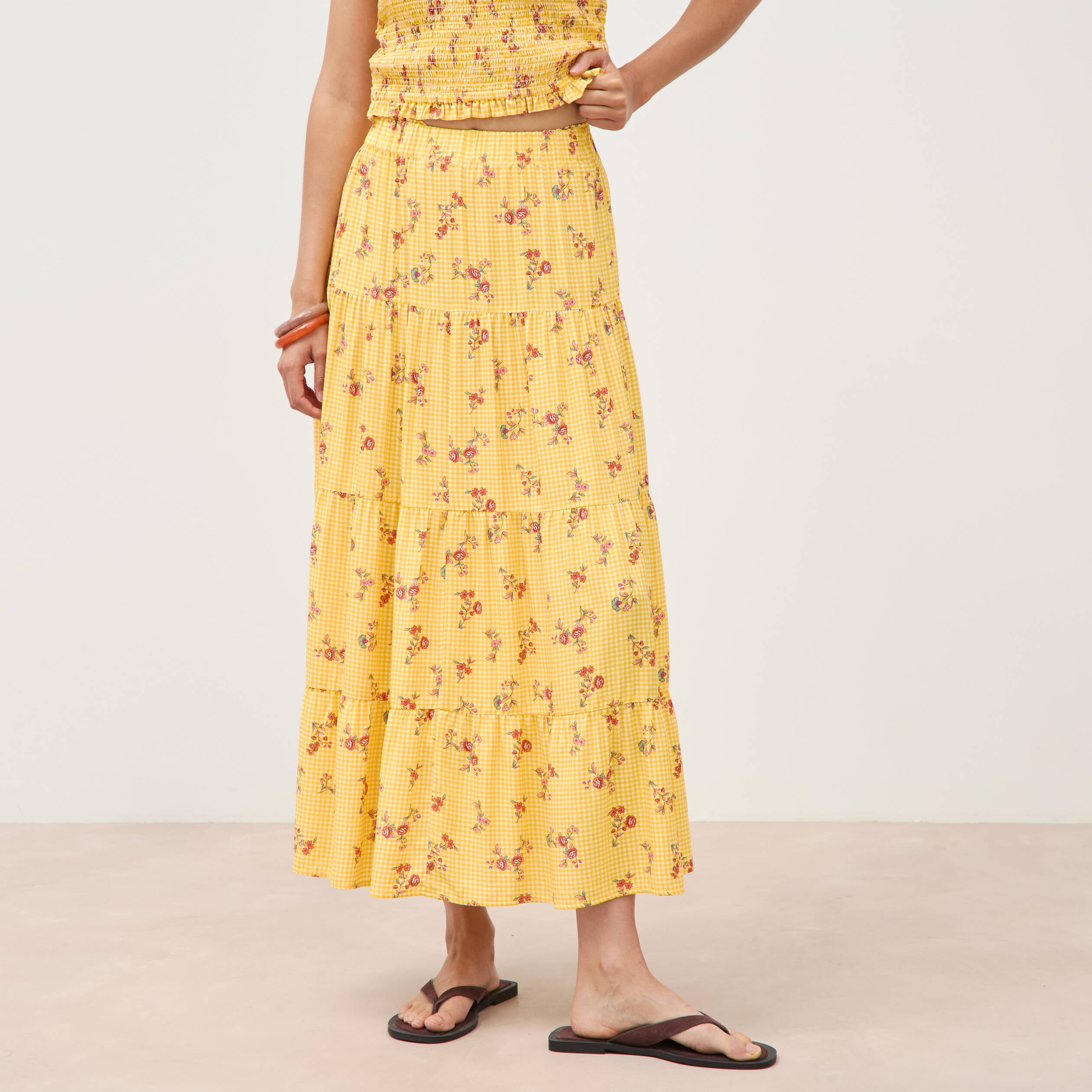 Jupe longue &eacute;vas&eacute;e fluide jaune femme