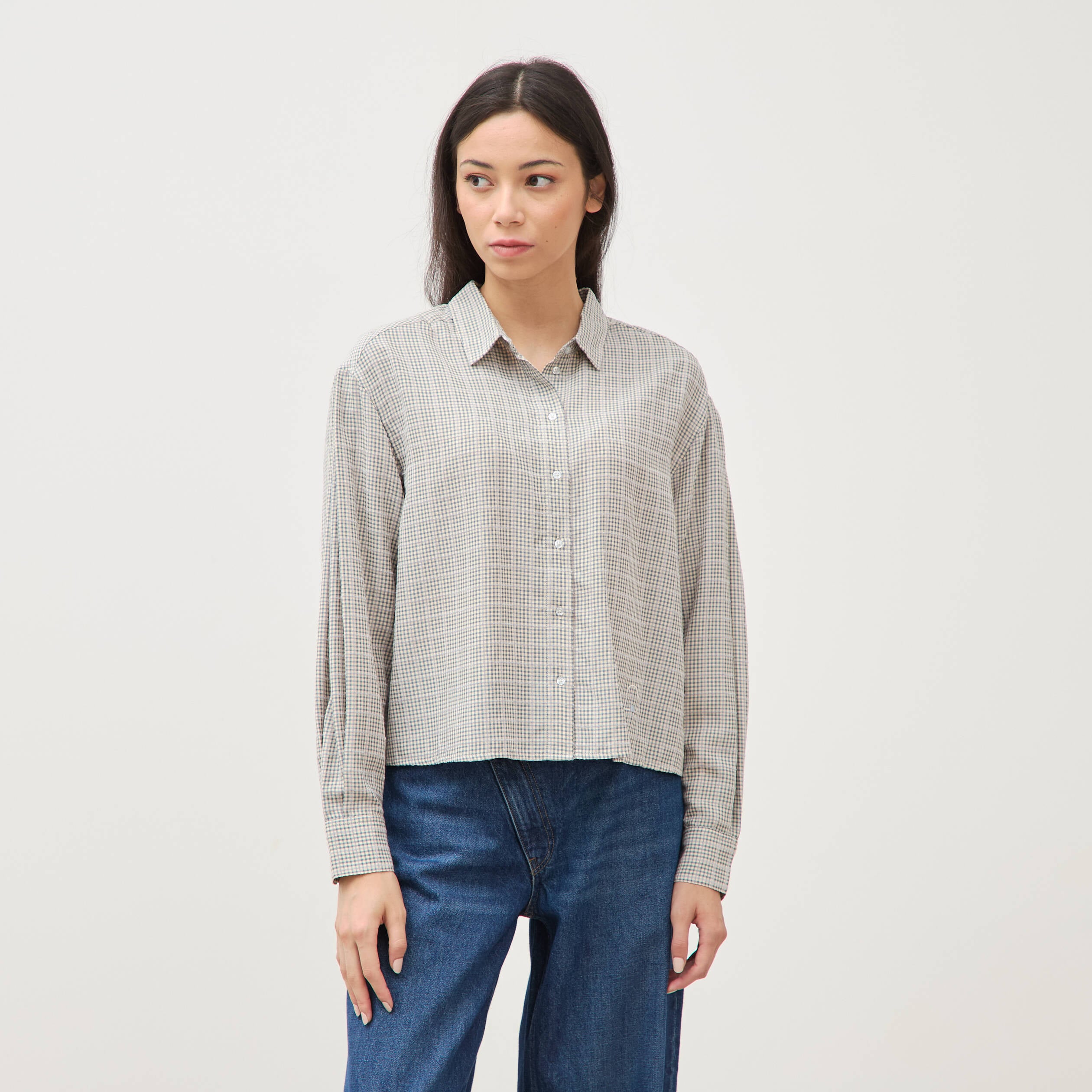 Chemise droite manches longues ray&eacute;e bleu gris femme