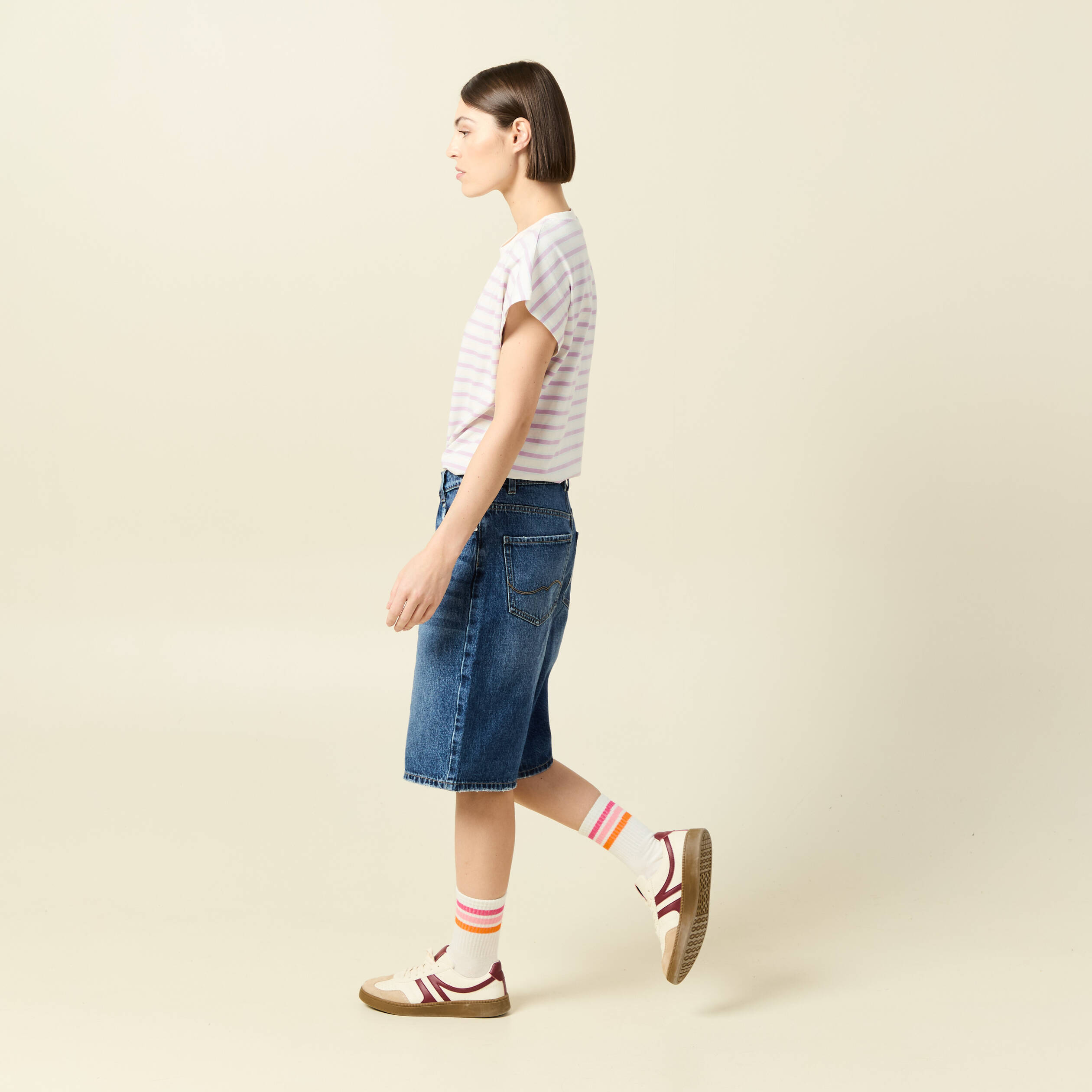 Bermuda large taille haute en coton denim stone femme