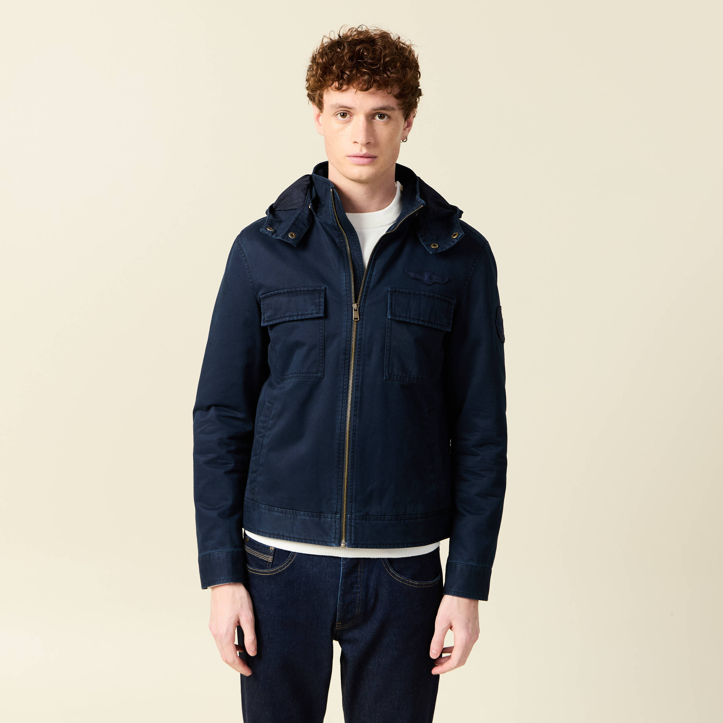 Blouson col montant &agrave; capuche bleu marine homme