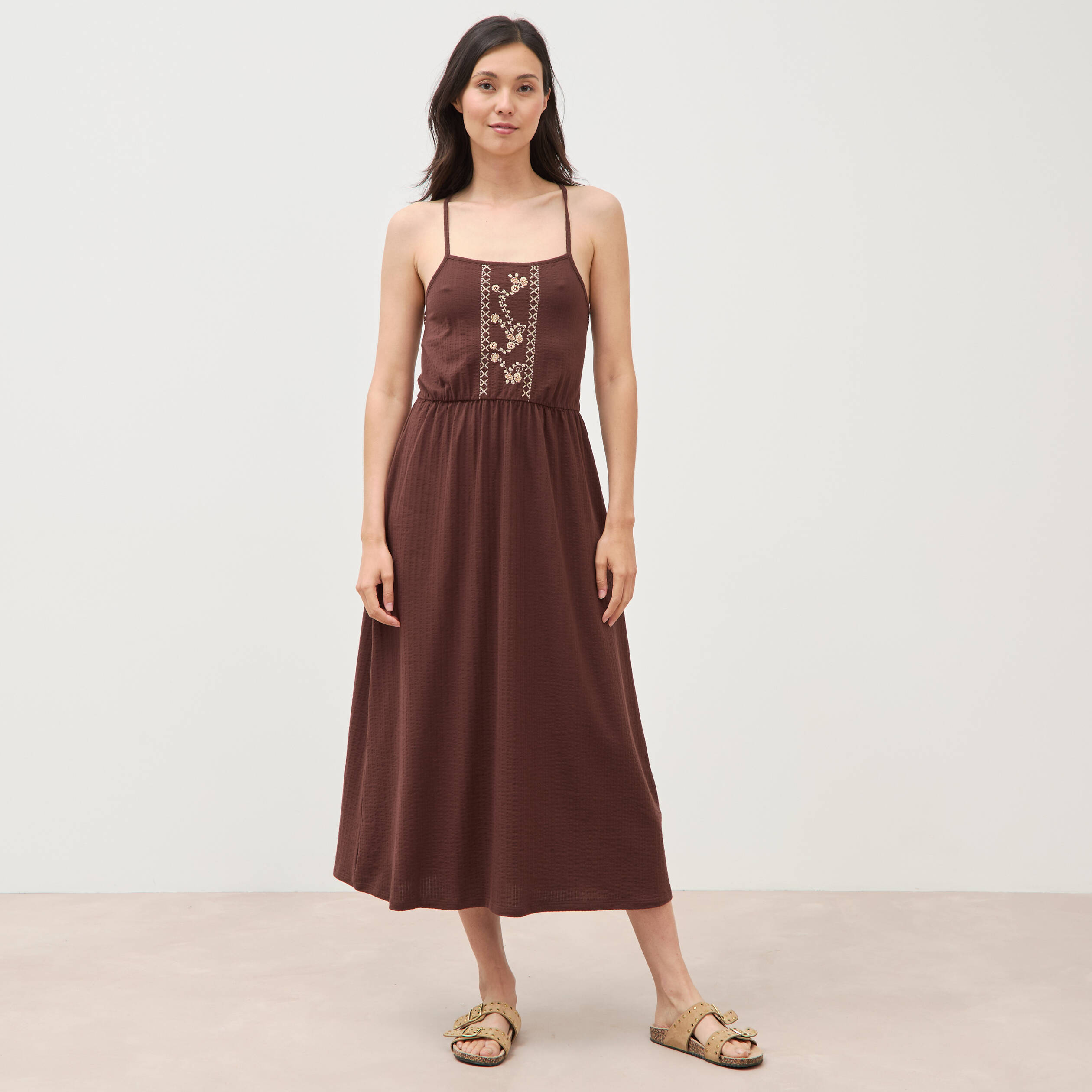 Robe bretelle col carr&eacute; en coton marron fonc&eacute; femme