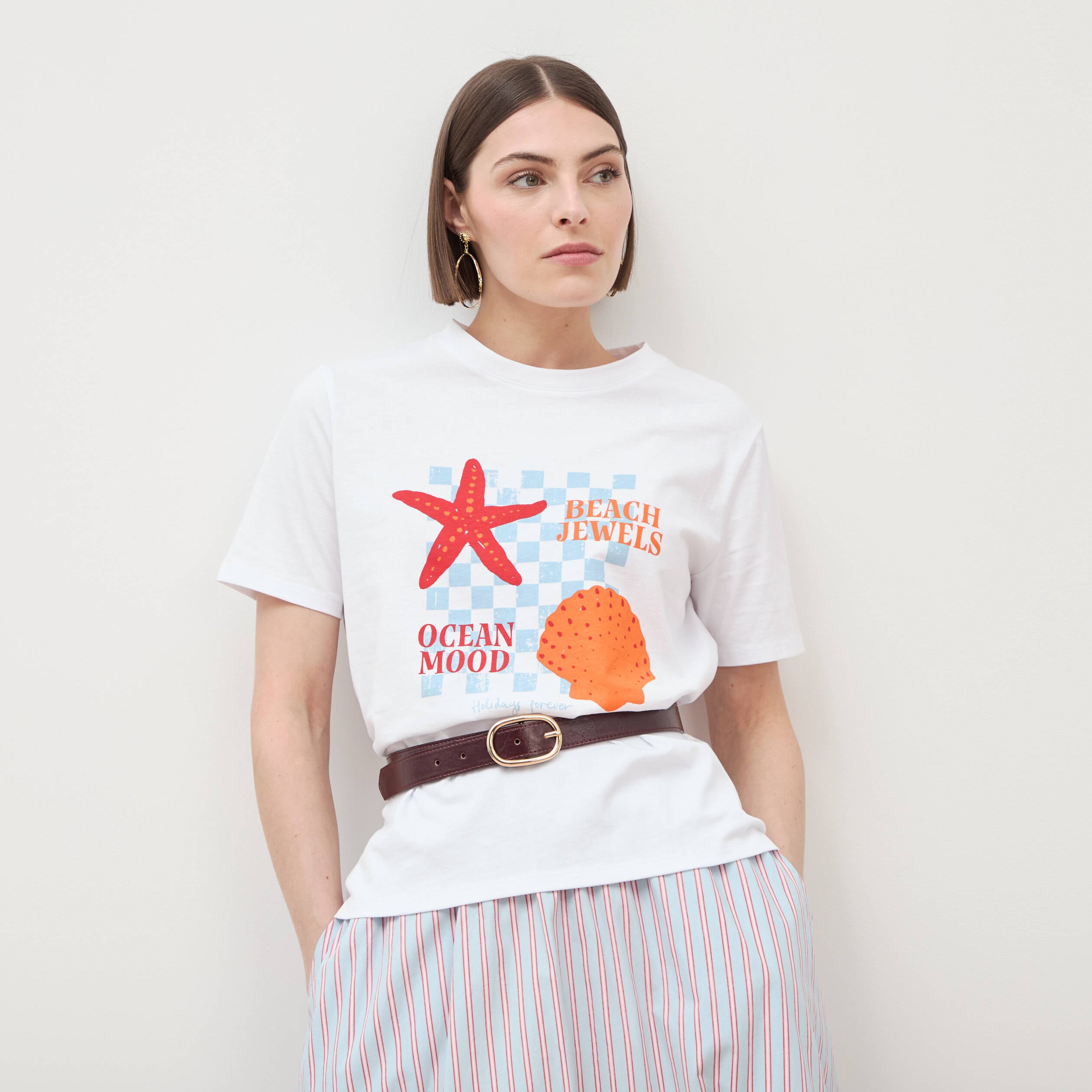 T-shirt droit col rond manches courtes blanc femme