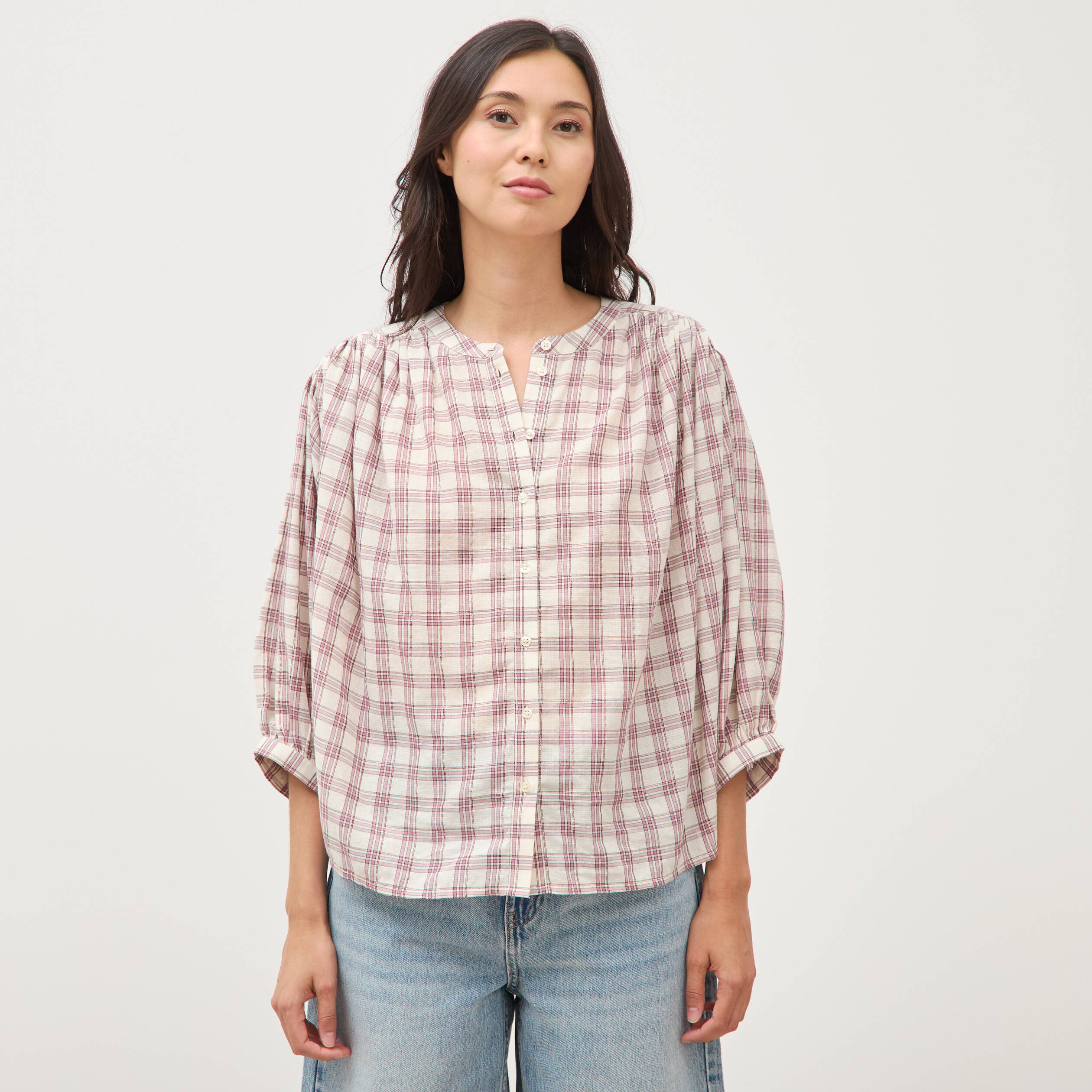 Chemise oversize &agrave; carreaux marron cognac femme