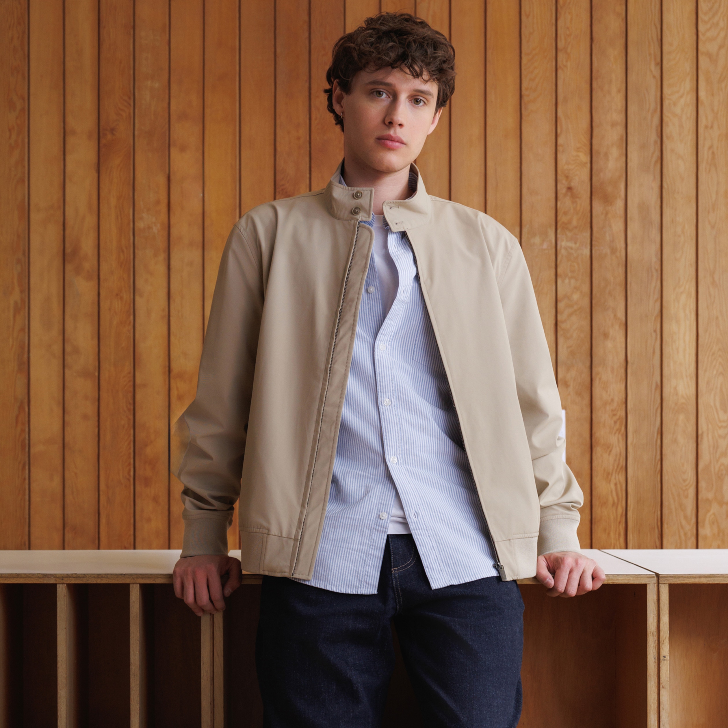 Blouson col camionneur manches longues beige homme