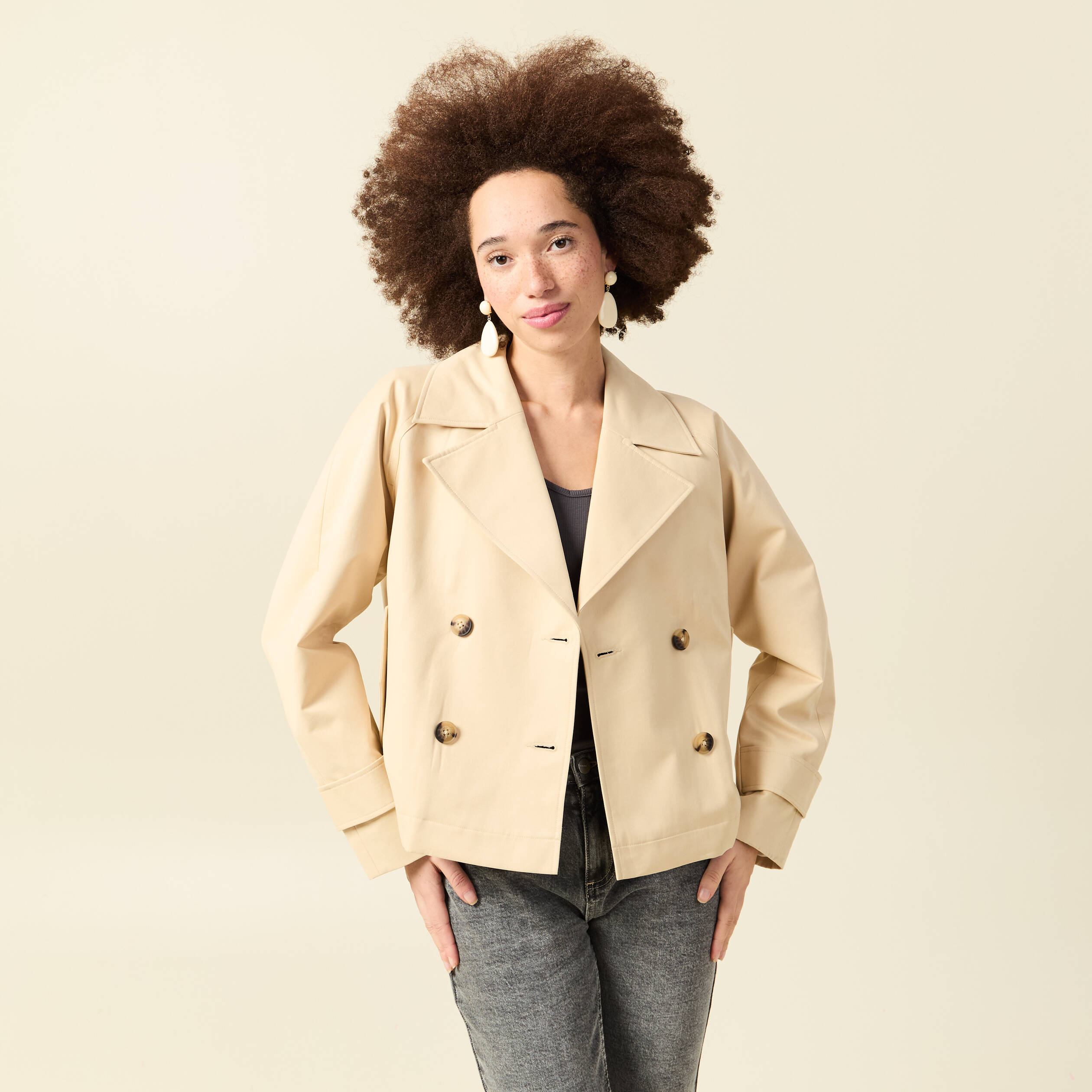 Trench oversize court col tailleur beige femme