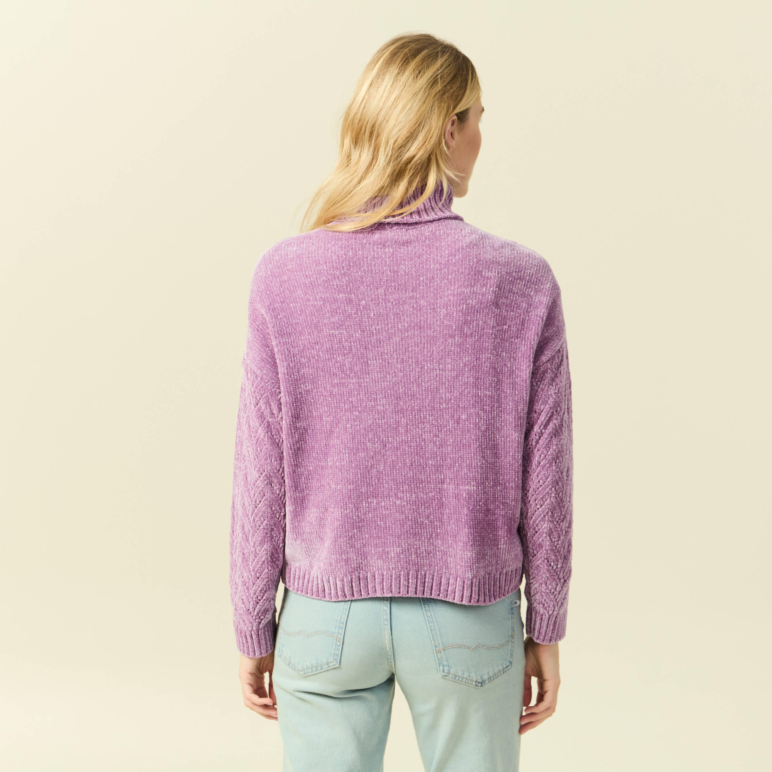 Pull col roul&eacute; manches longues mauve femme