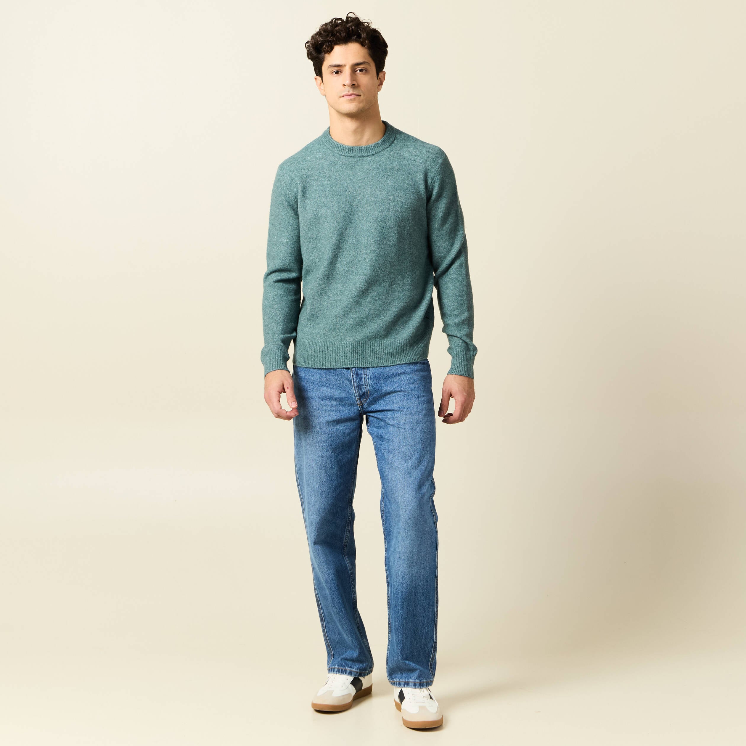 Pull manches longues col rond vert fonc&eacute; homme