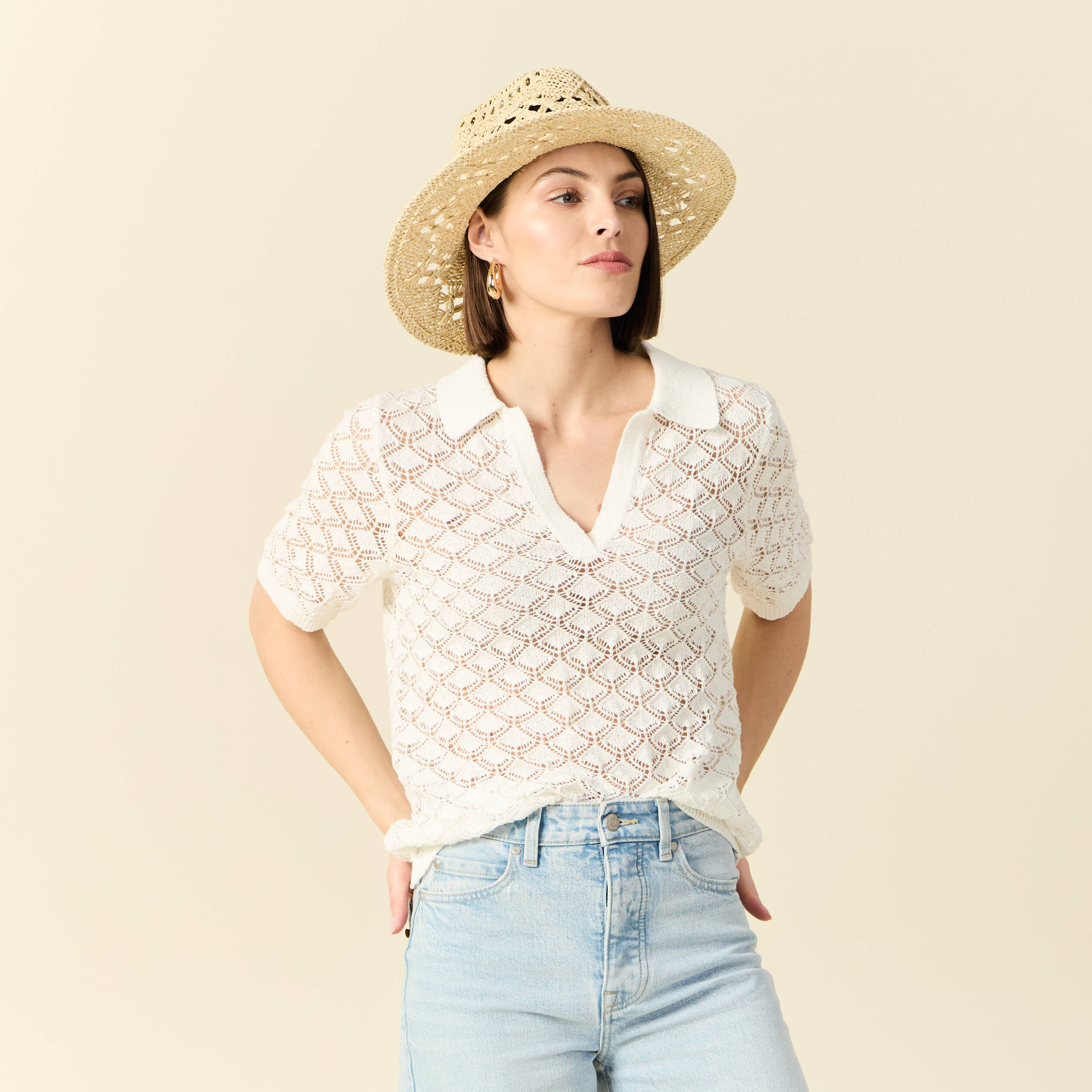 Pull manches courtes ajour&eacute; blanc femme