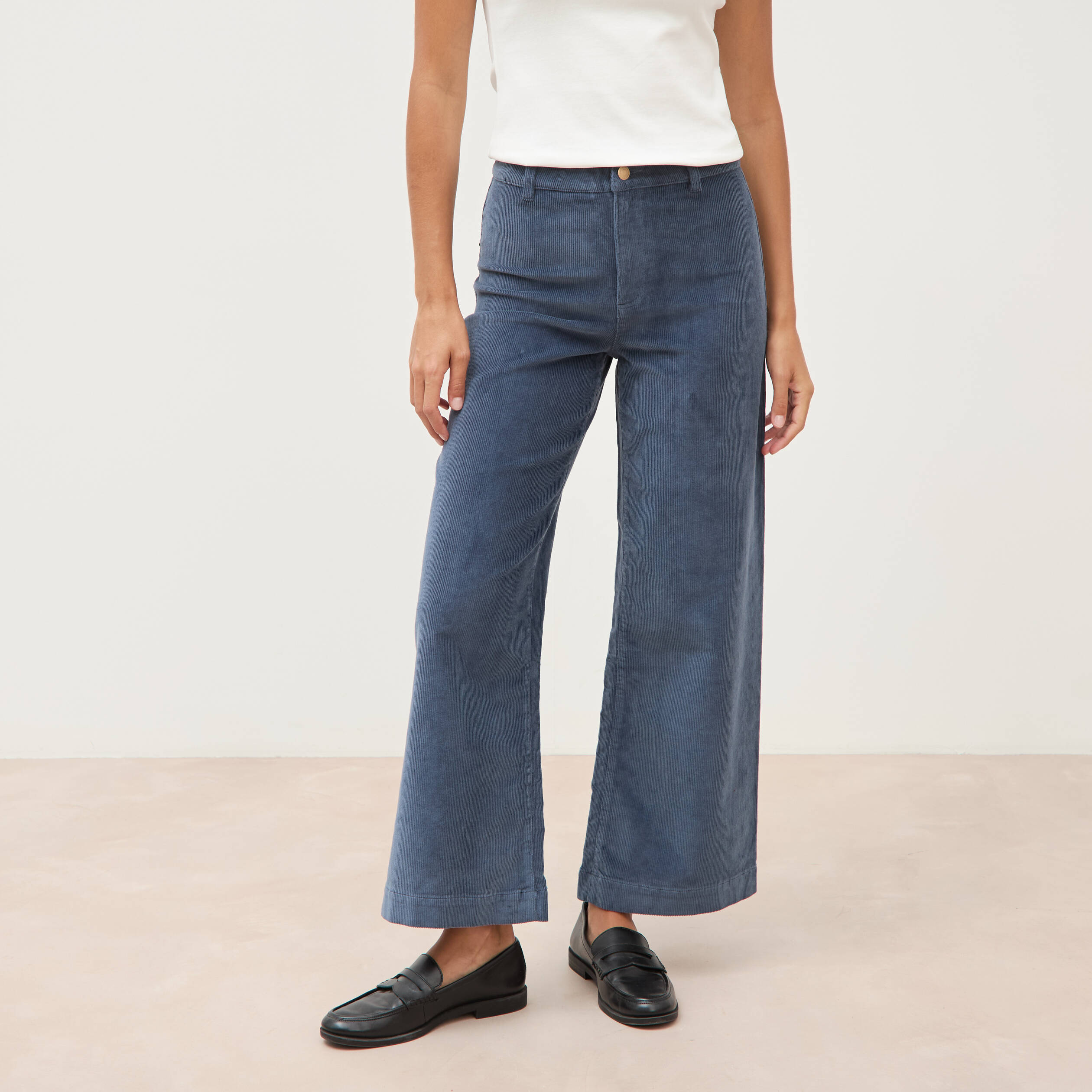 Pantalon large taille haute en velours gris femme