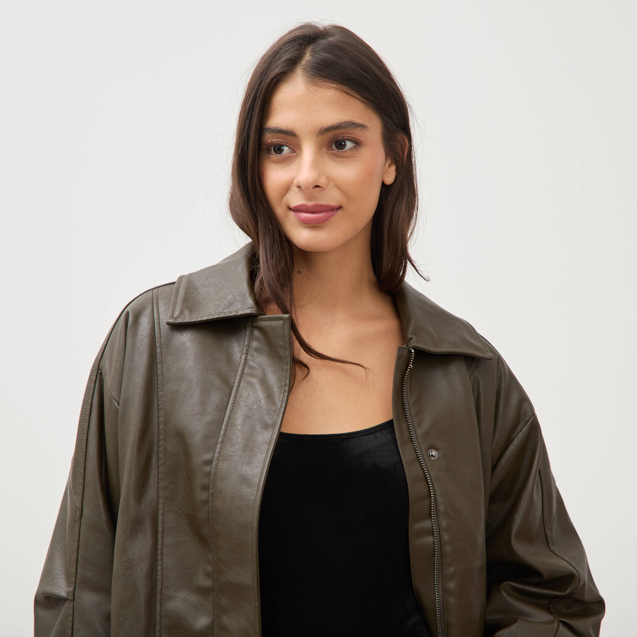 Blouson oversize manches longues vert olive femme