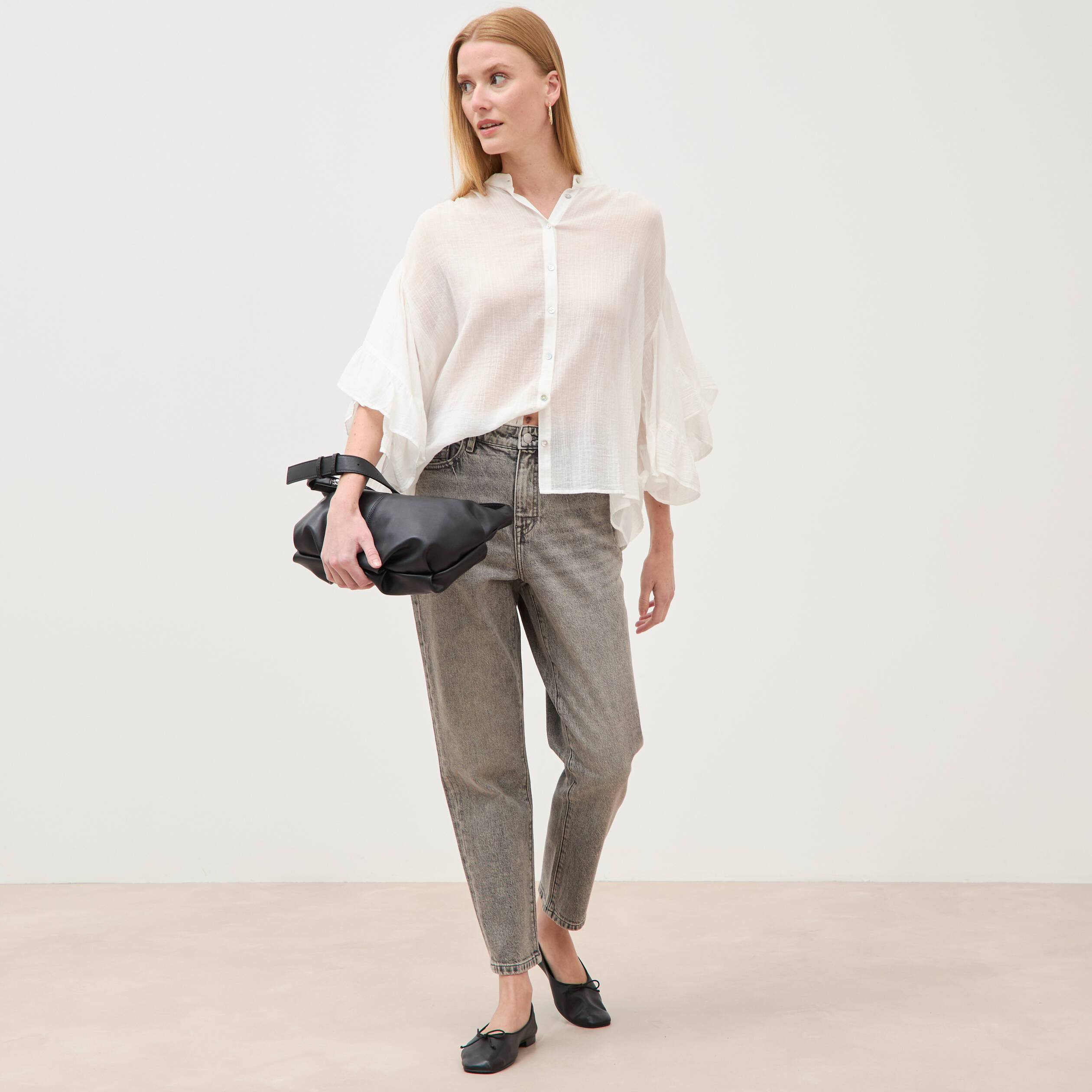 Blouse boyfriend manches coude en coton ecru femme