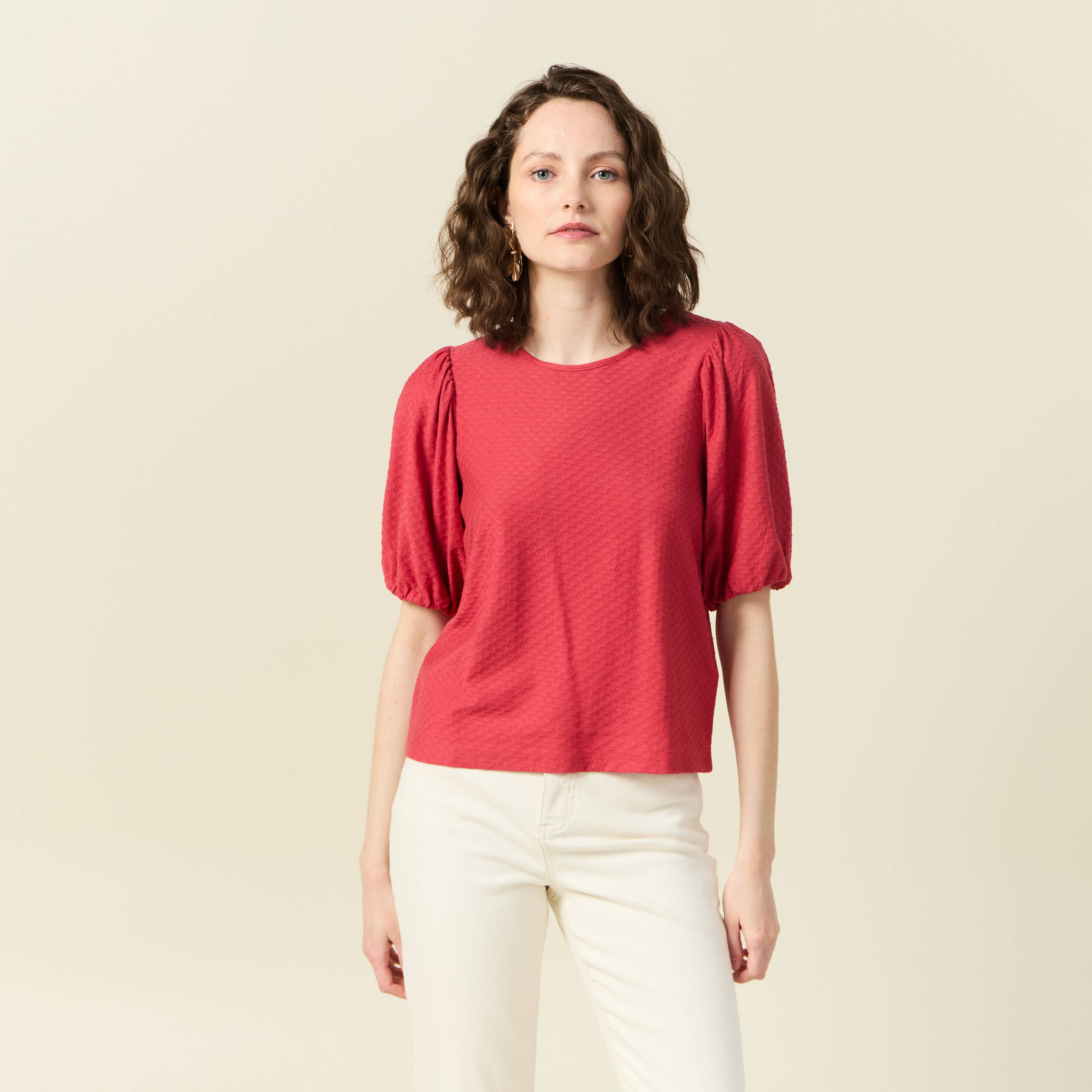 T-shirt manches courtes rouge fonc&eacute; femme