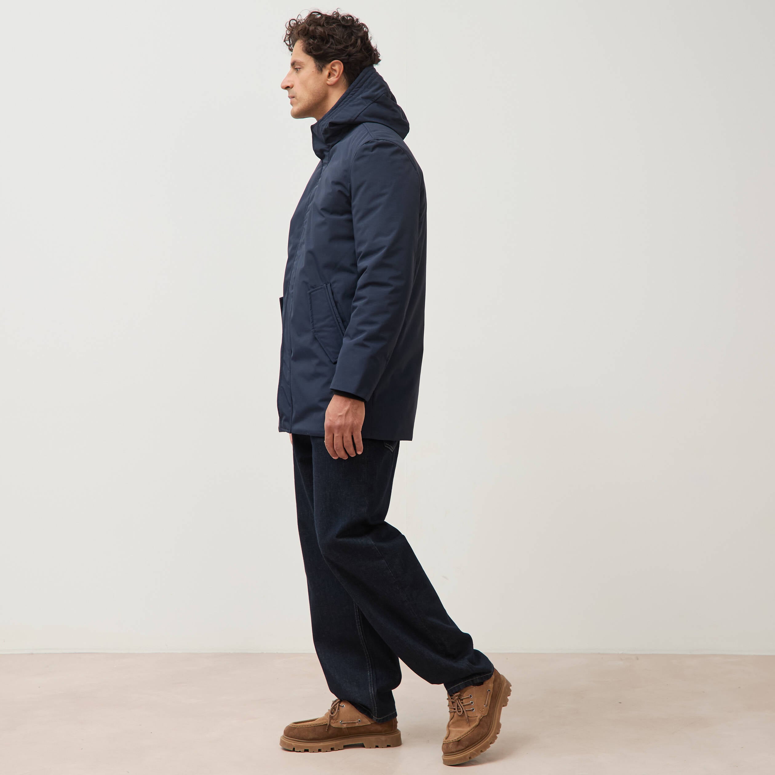 Parka longue droite &agrave; capuche bleu marine homme