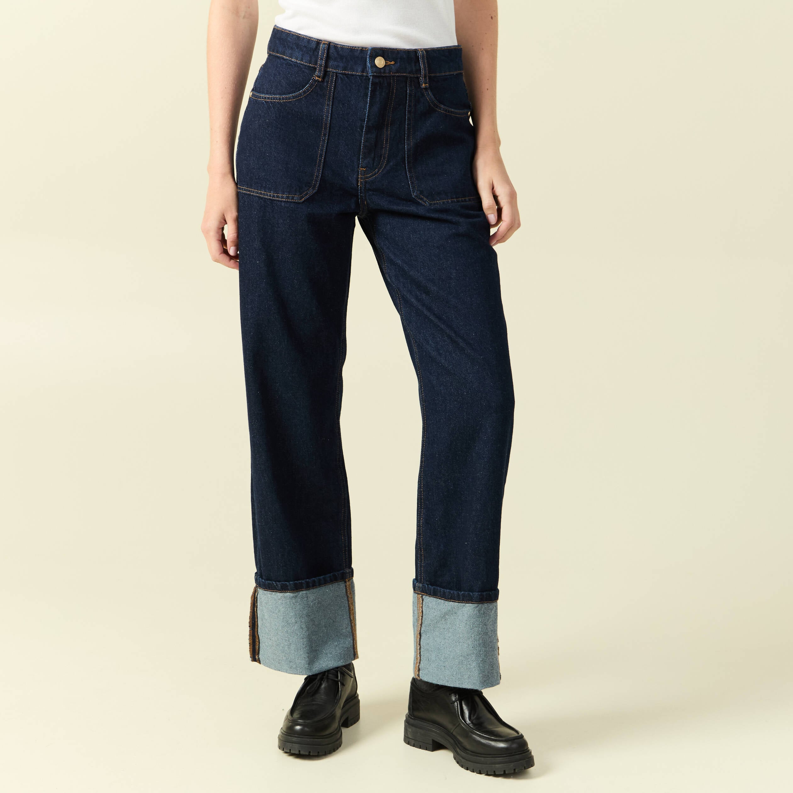 Jeans wide large taille haute denim brut rinse femme