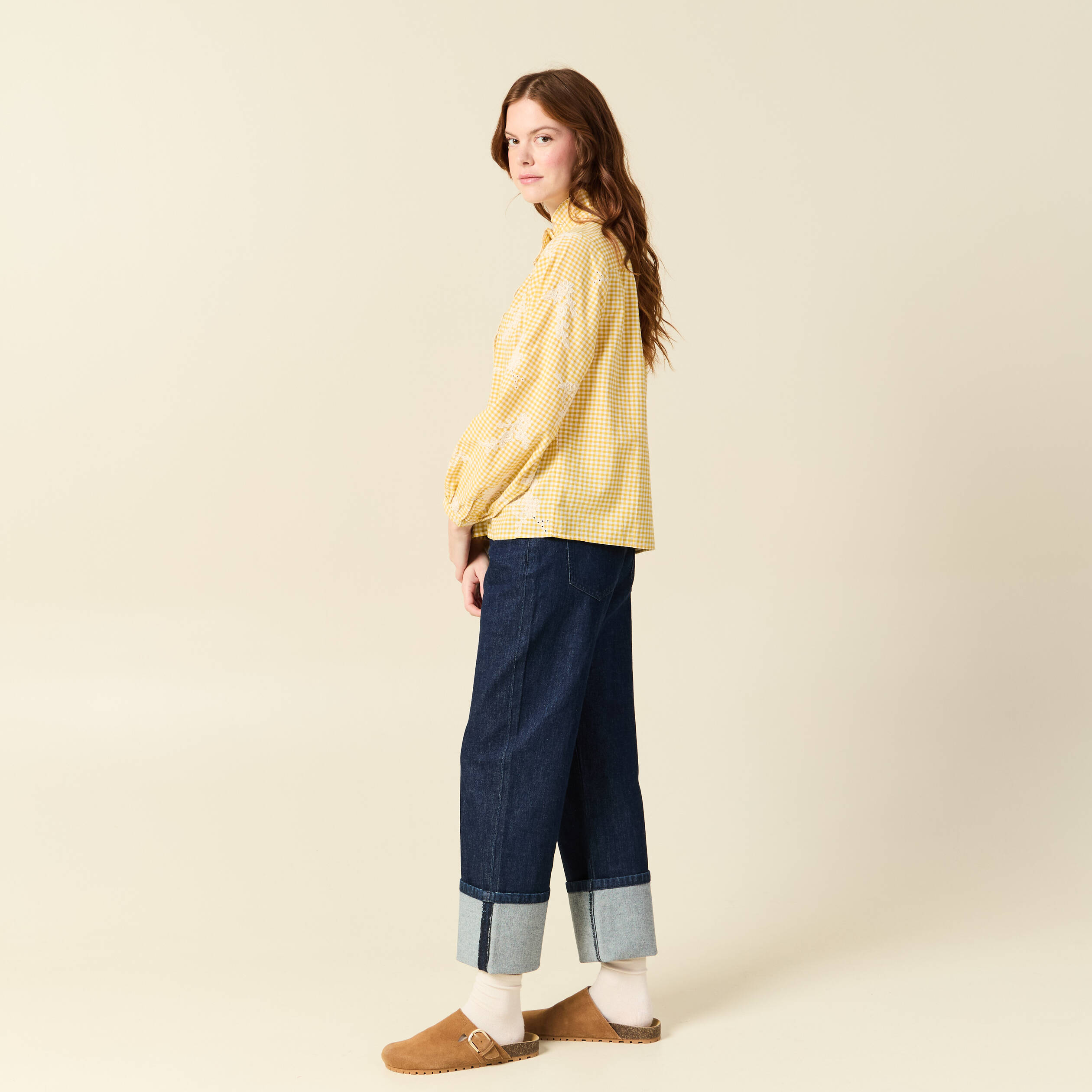 Chemise vichy manches longues en coton jaune femme