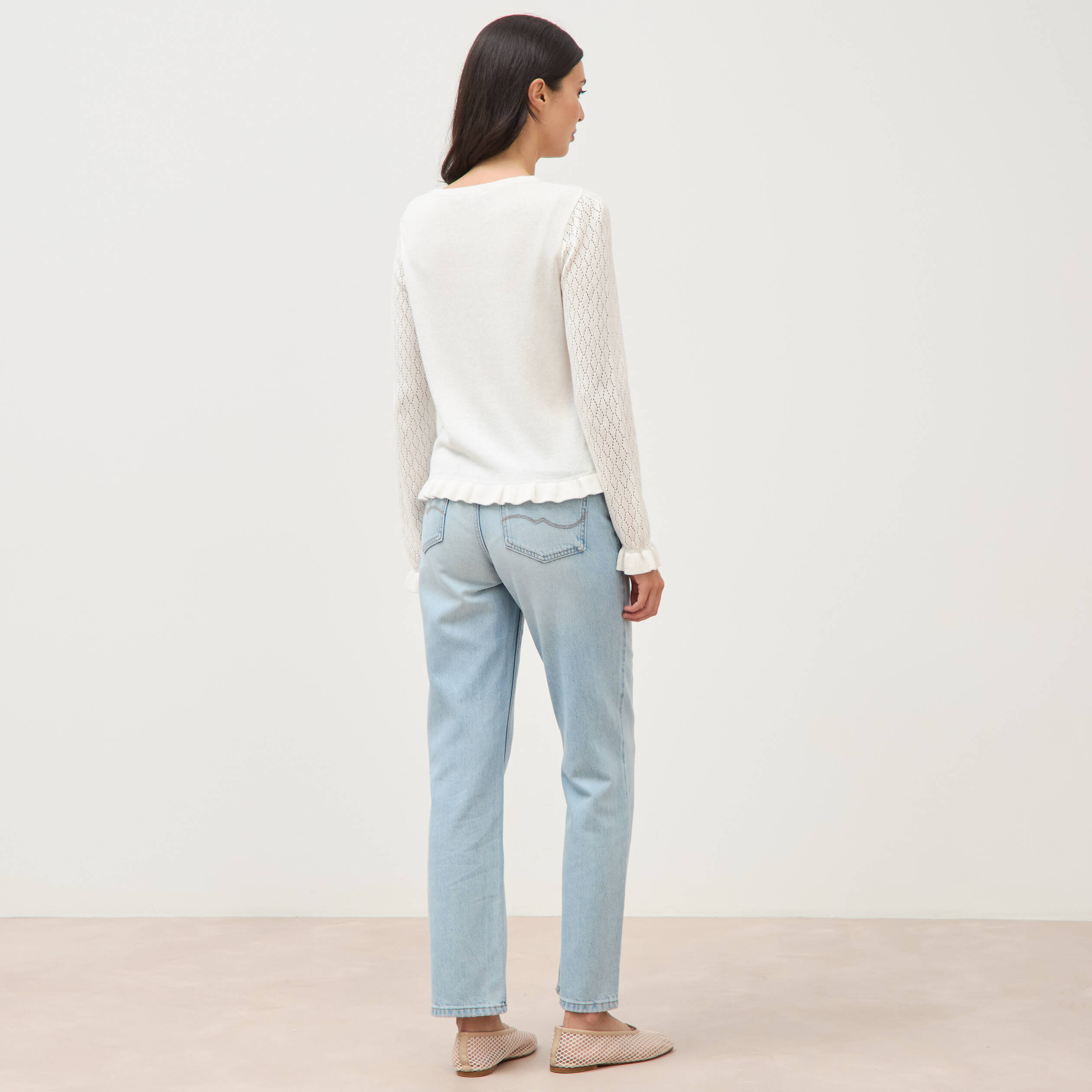 Pull ajour&eacute; col rond manches longues ecru femme