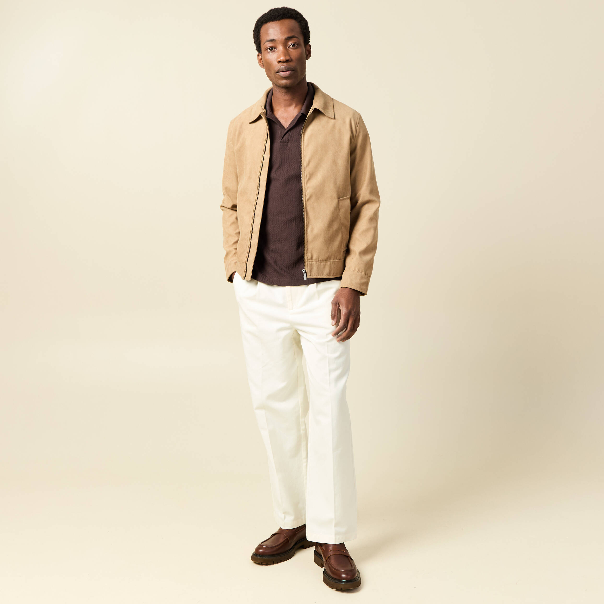Blouson droit court &agrave; col classique marron homme