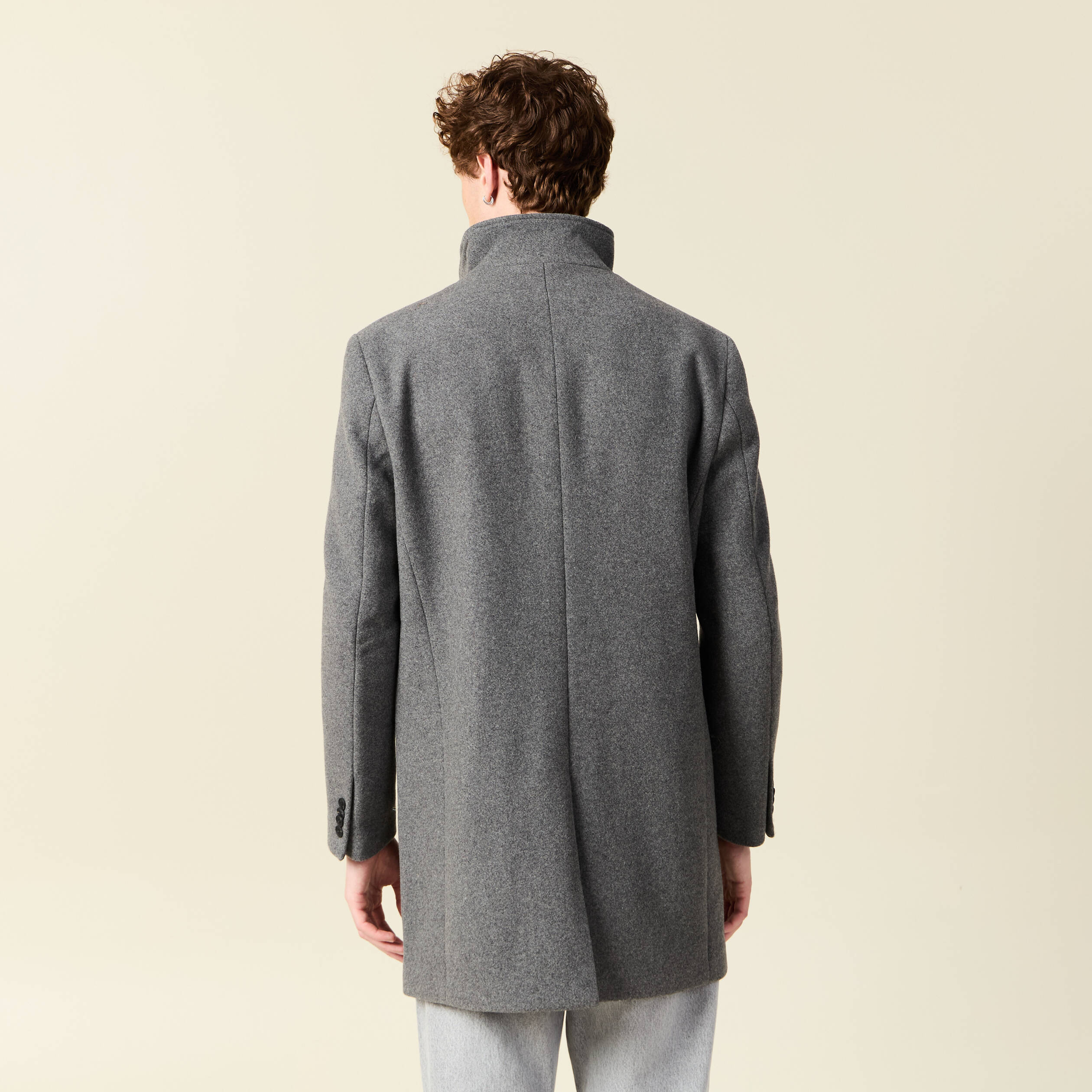 Manteau droit long col montant gris fonc&eacute; homme