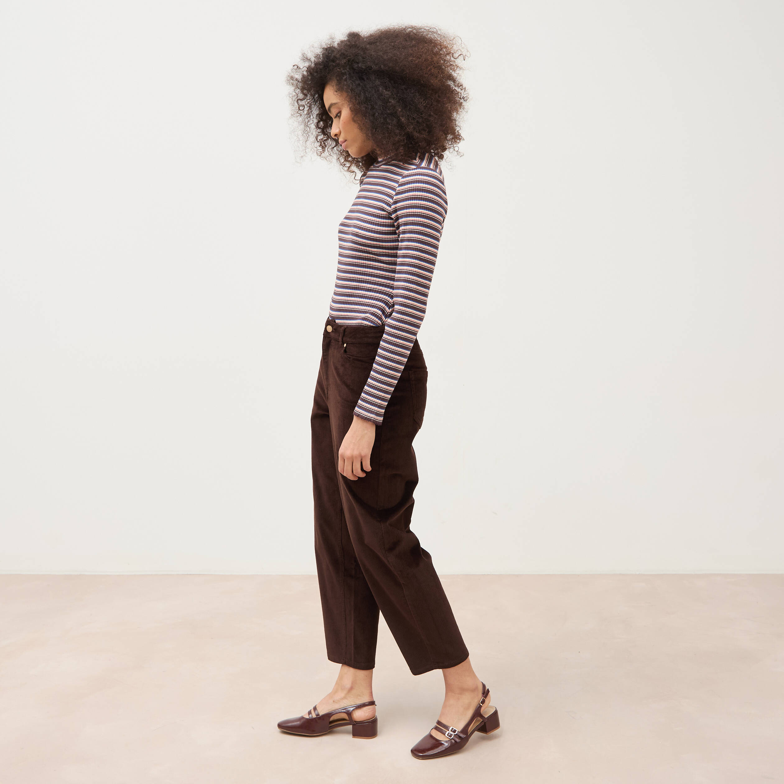 Body ray&eacute; col montant manches longues marron femme