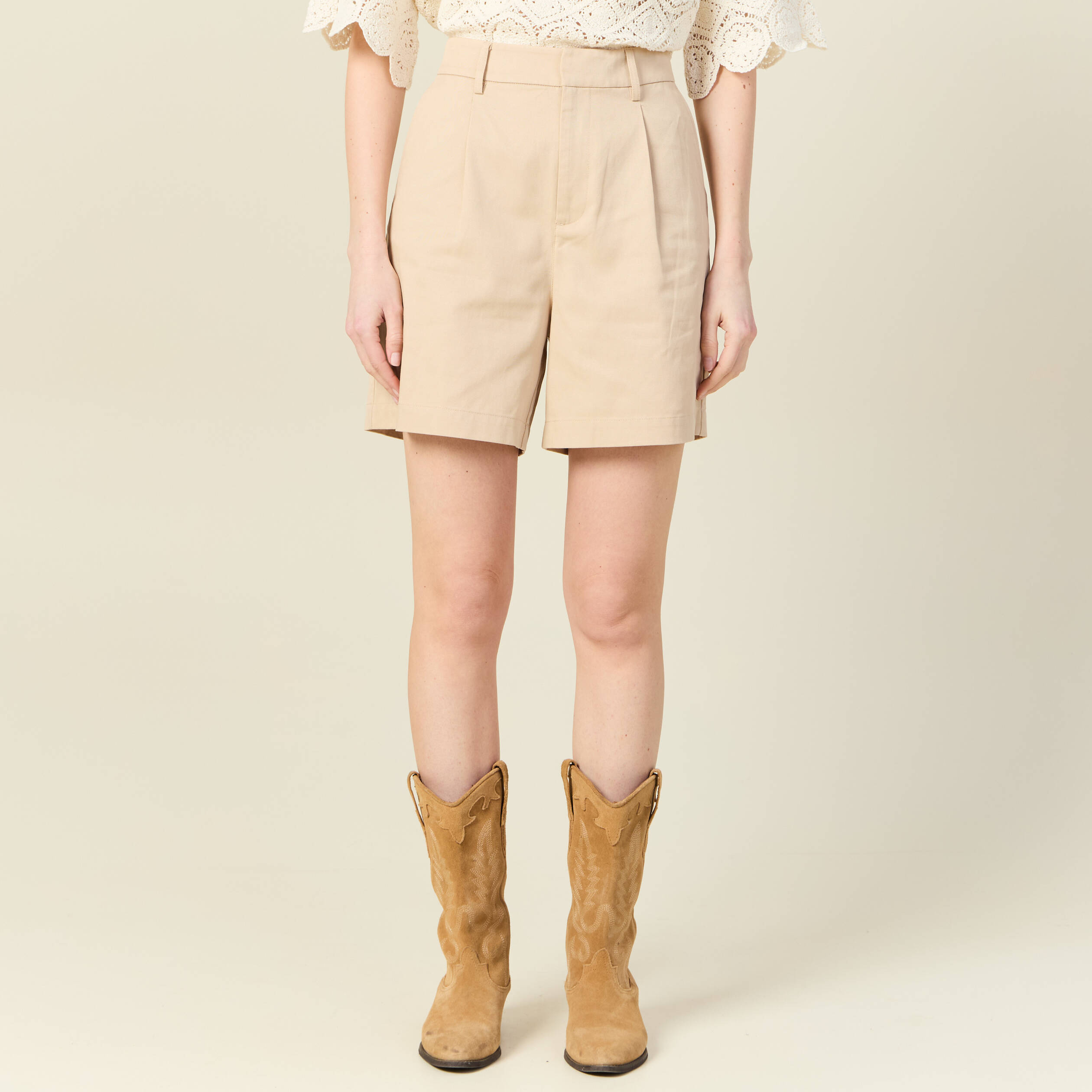 Bermuda droit taille haute beige femme
