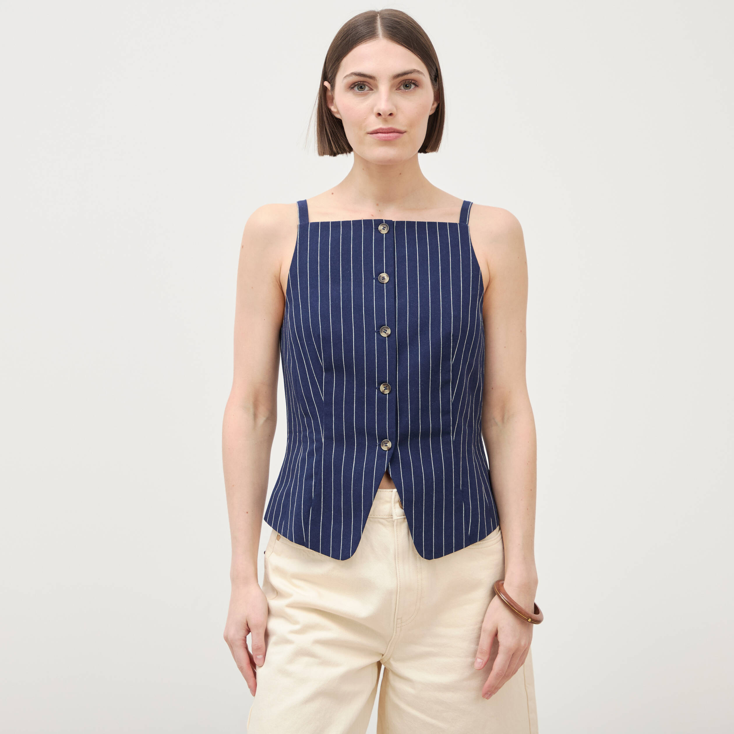 D&eacute;bardeur cintr&eacute; col carr&eacute; &agrave; bretelles bleu femme