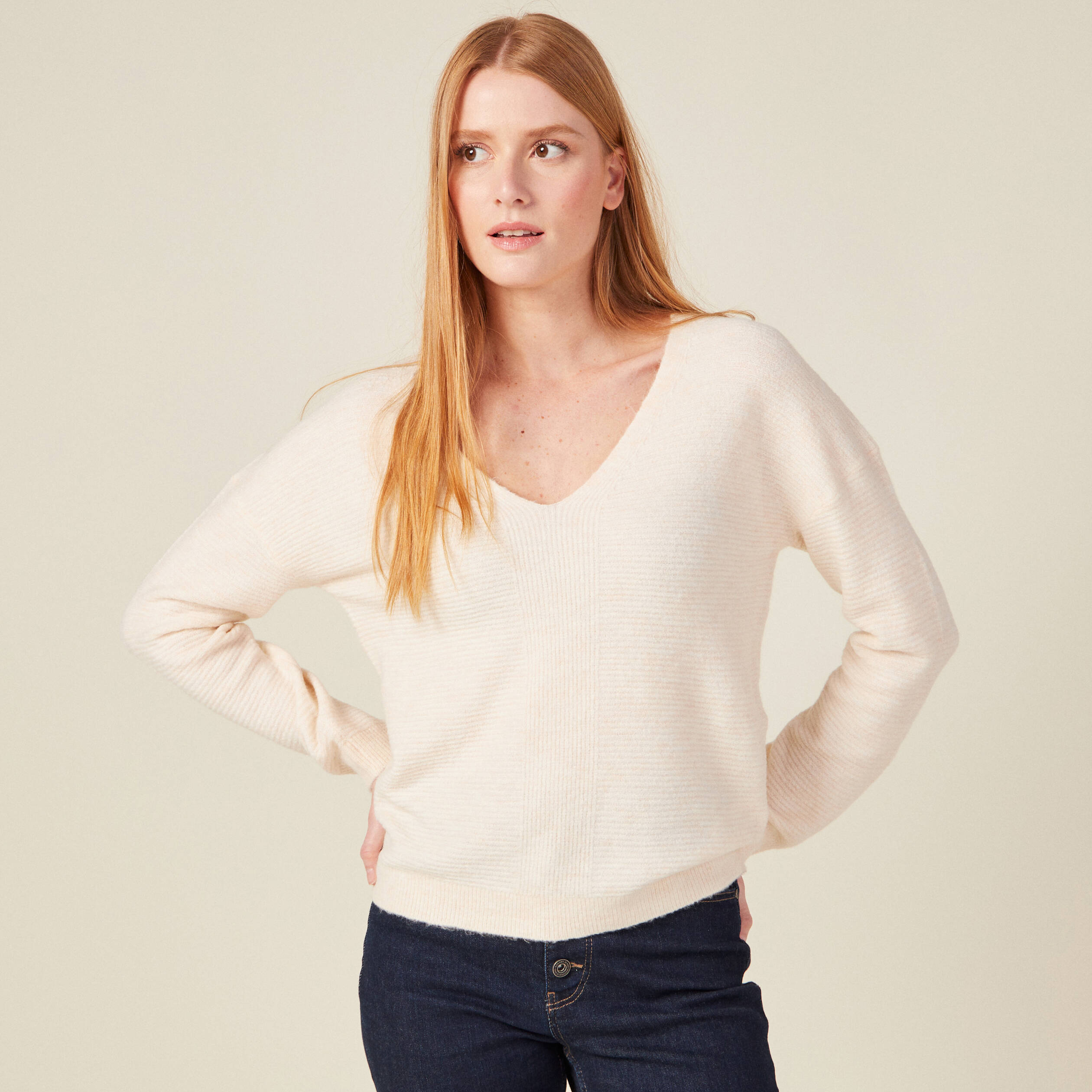 Pull manches longues ecru femme