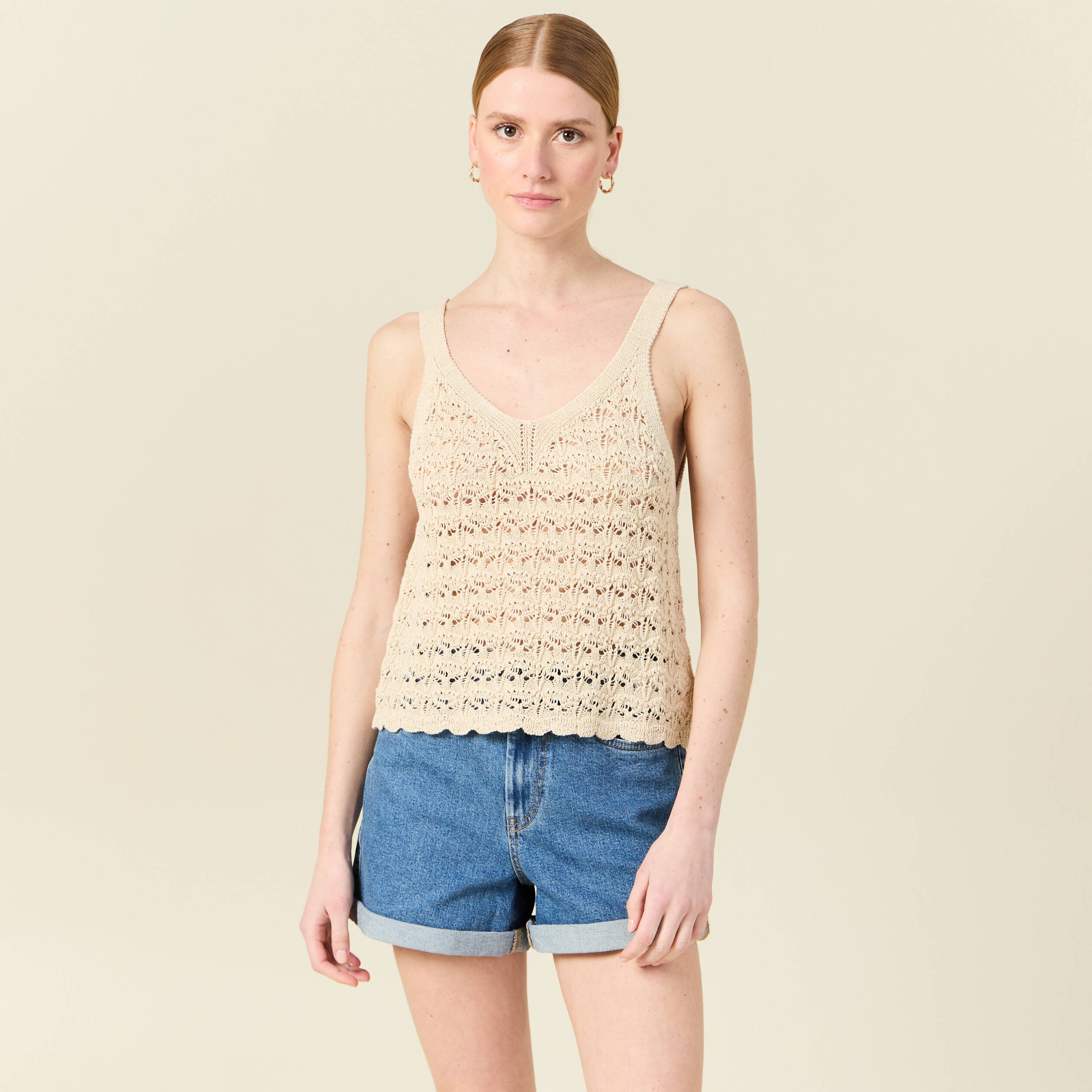 debardeur tricot ajoure creme femme Débardeur tricot ajouré creme femme