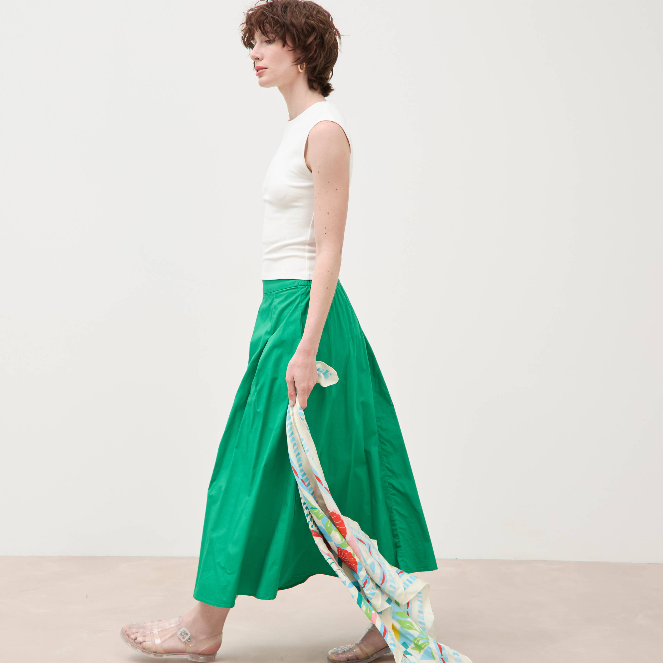 Jupe longue &eacute;vas&eacute;e en coton ray&eacute; vert femme