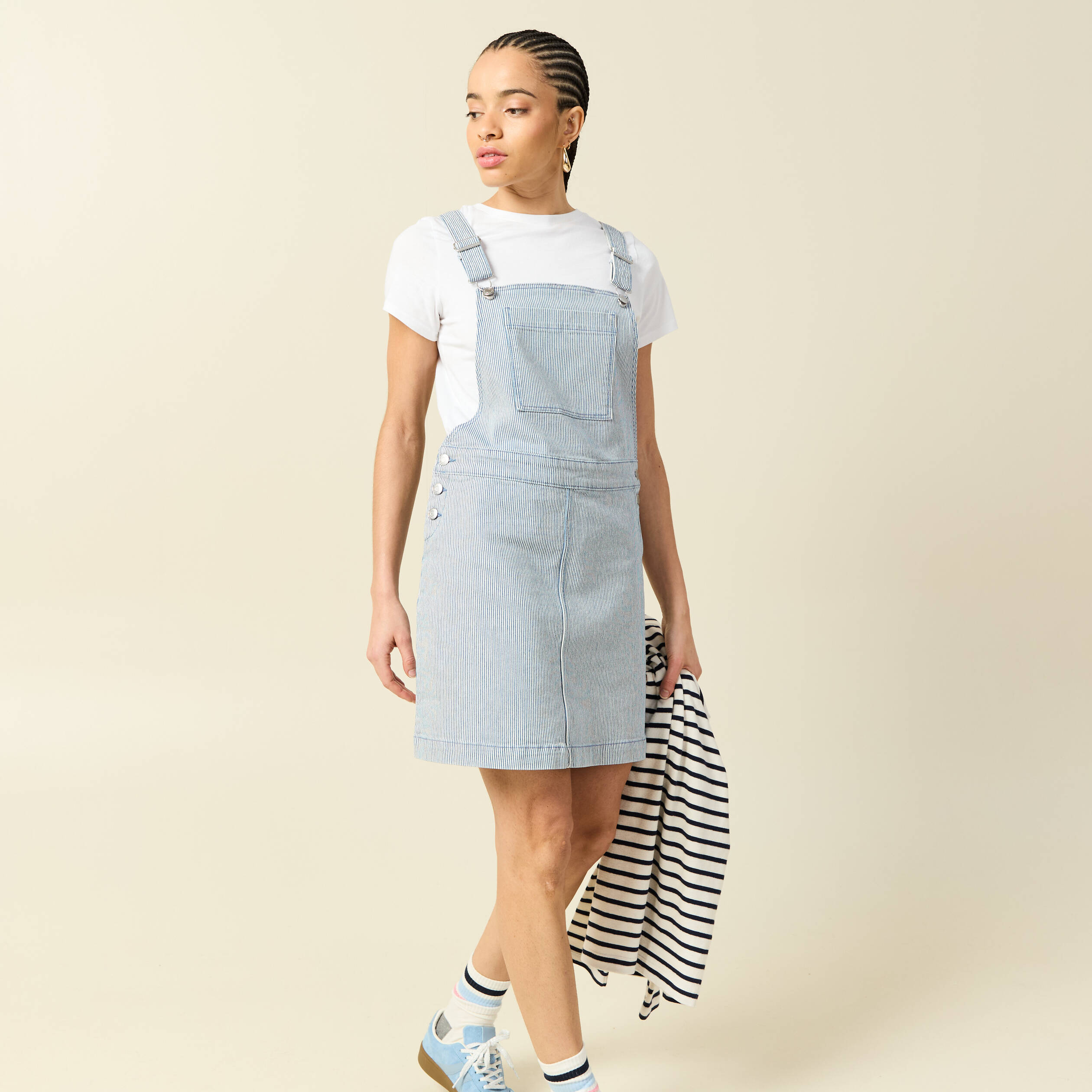 Robe en jeans &agrave; bretelles col carr&eacute; bleu marine femme