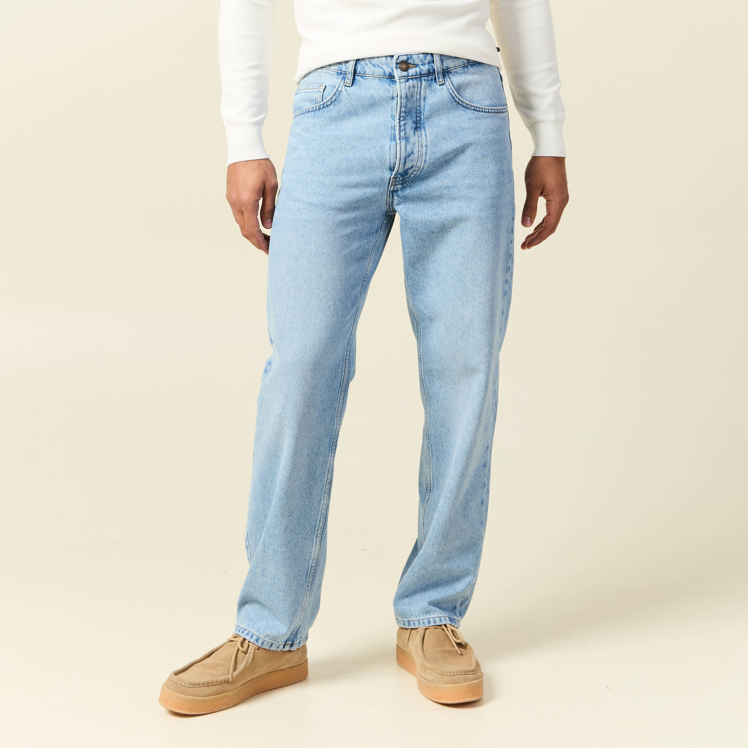 Jeans large longueur 32 en coton denim bleach homme