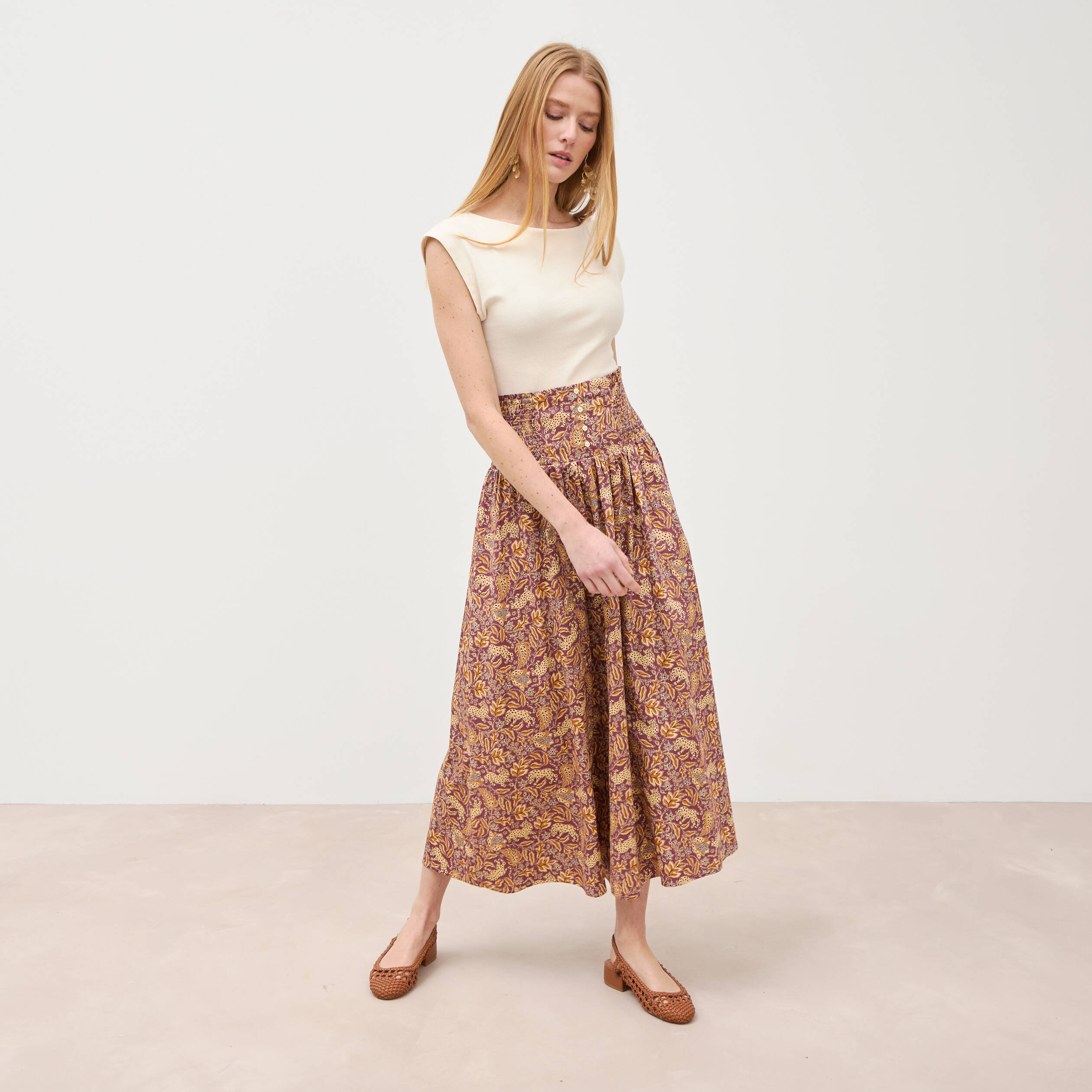 Jupe longue &eacute;vas&eacute;e en coton beige moyen femme