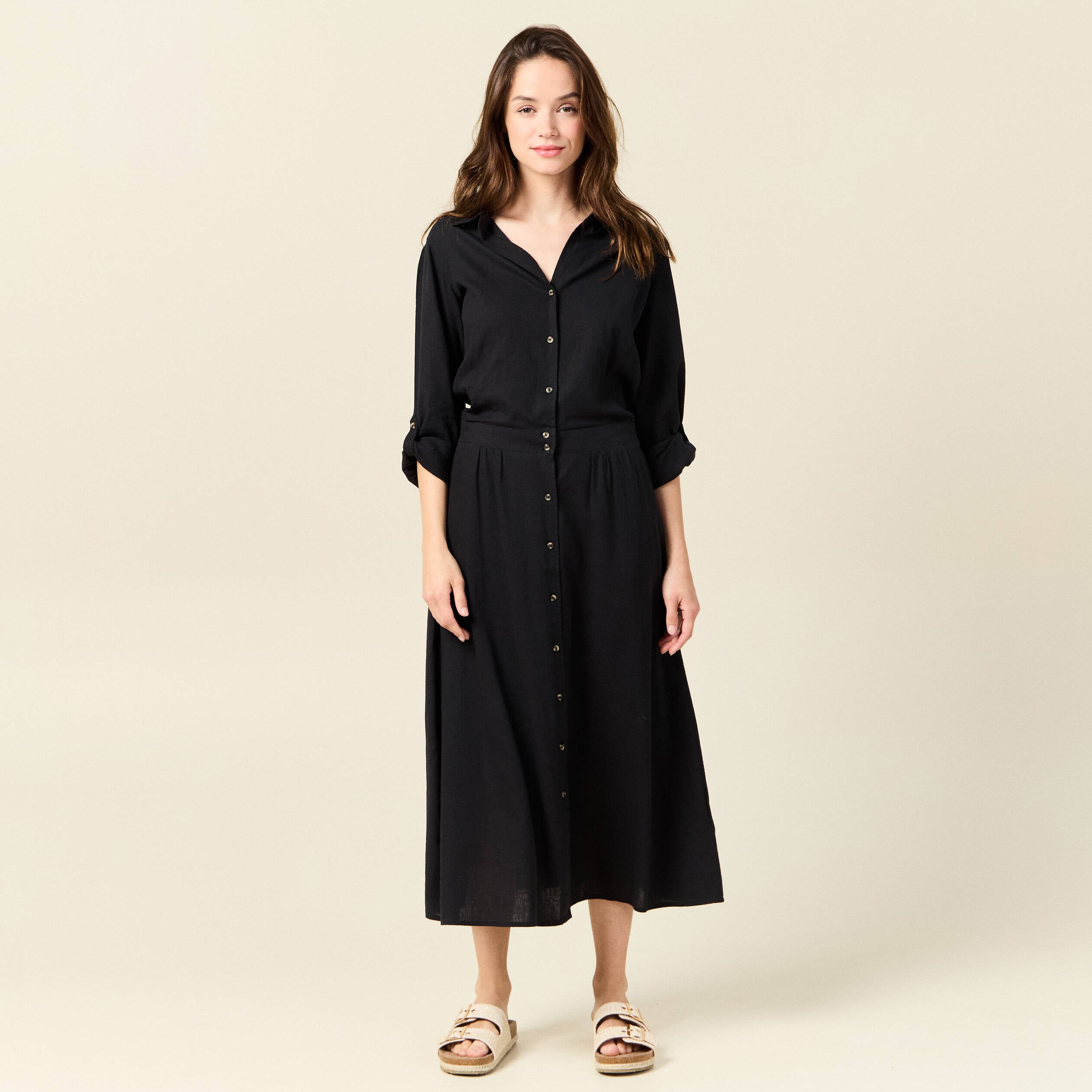 Robe droite manches longues 3/4 noir femme